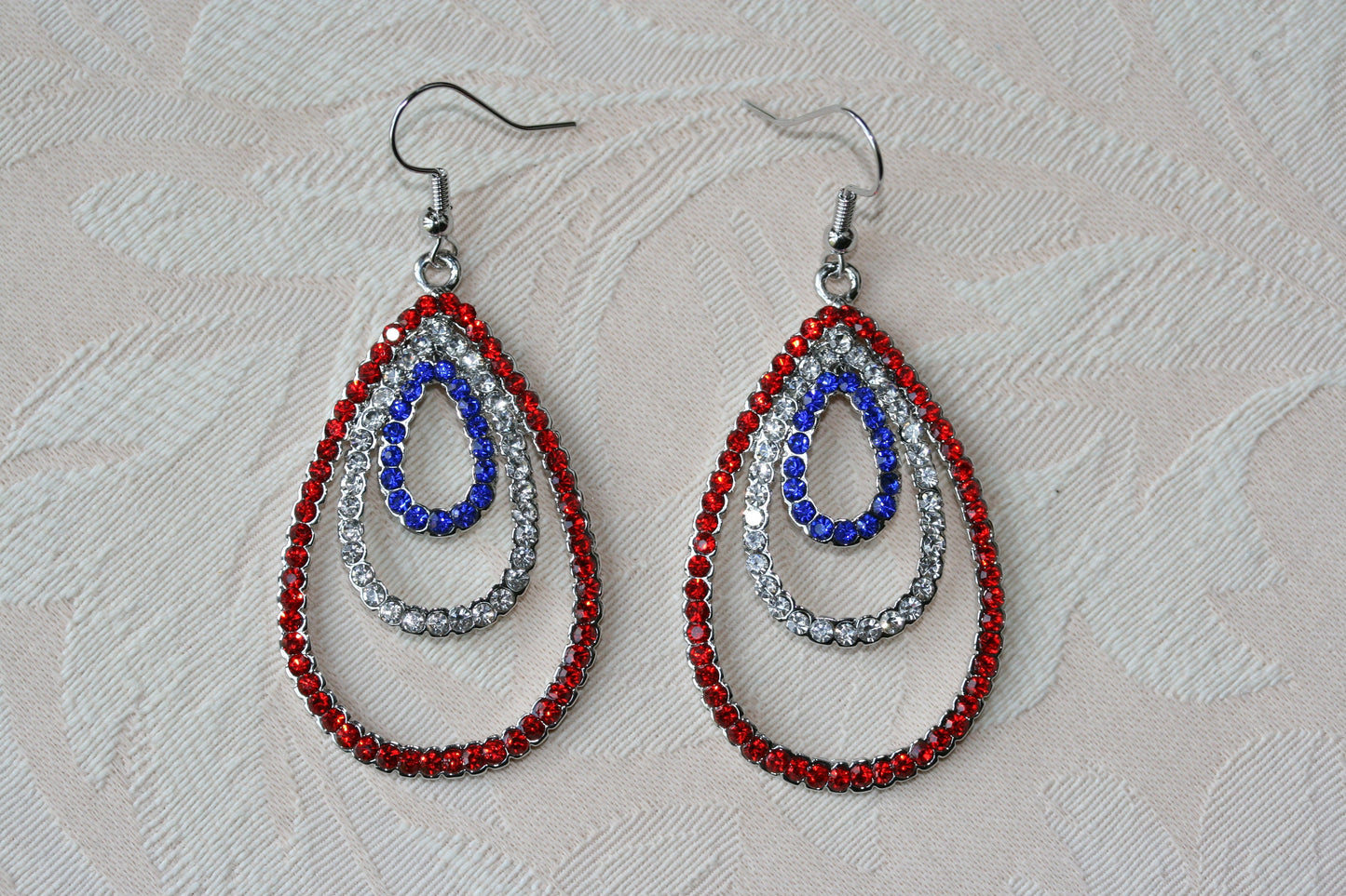 Rhinestone USA Patriotic 4th of July Red White Blue Teardrop Tripe Layer Dangle Earring