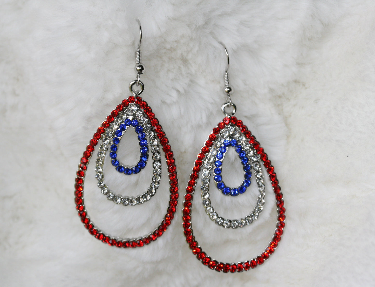 Rhinestone USA Patriotic 4th of July Red White Blue Teardrop Tripe Layer Dangle Earring