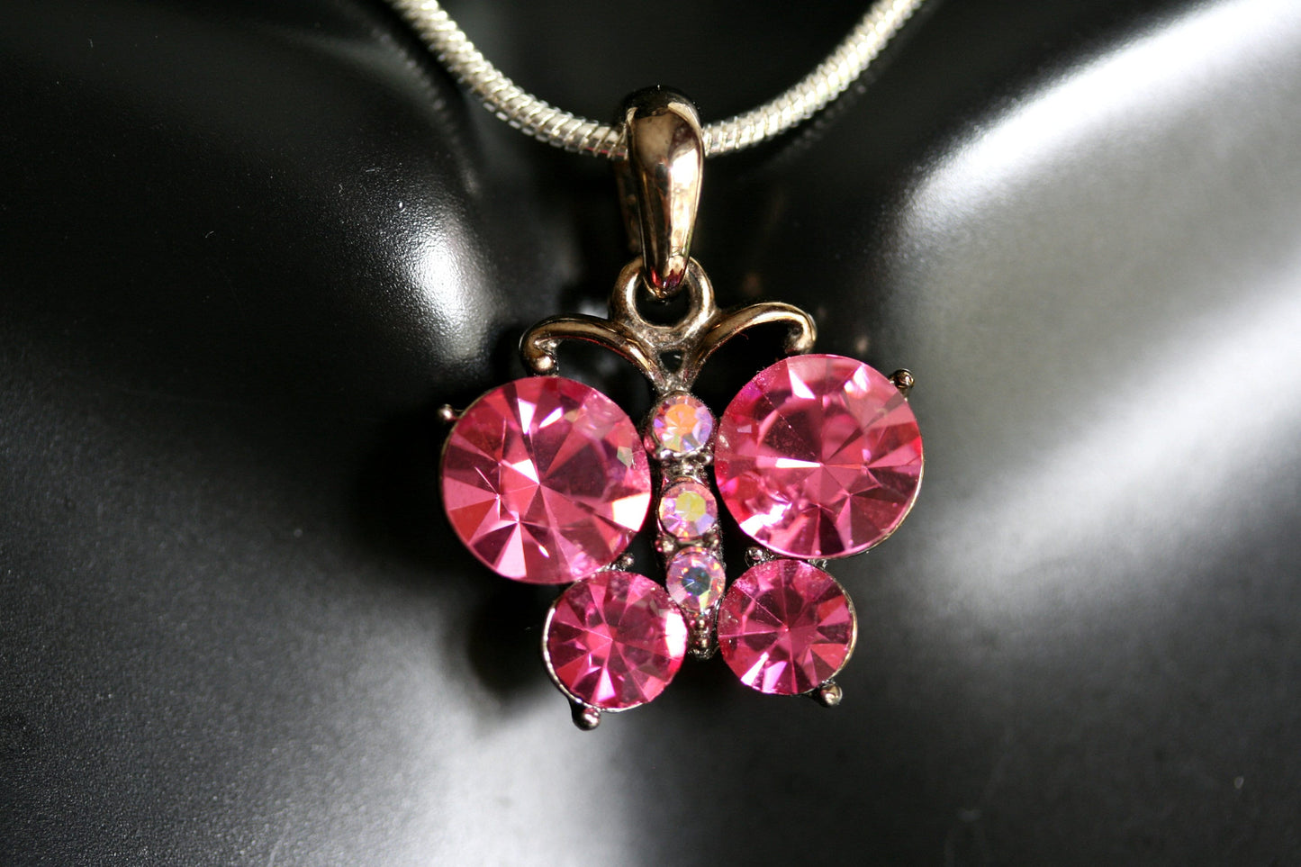 Pink Butterfly Necklace, Butterfly Pink Pendant Made With Swarovski Crystal Charm Necklace 18"+ Chain
