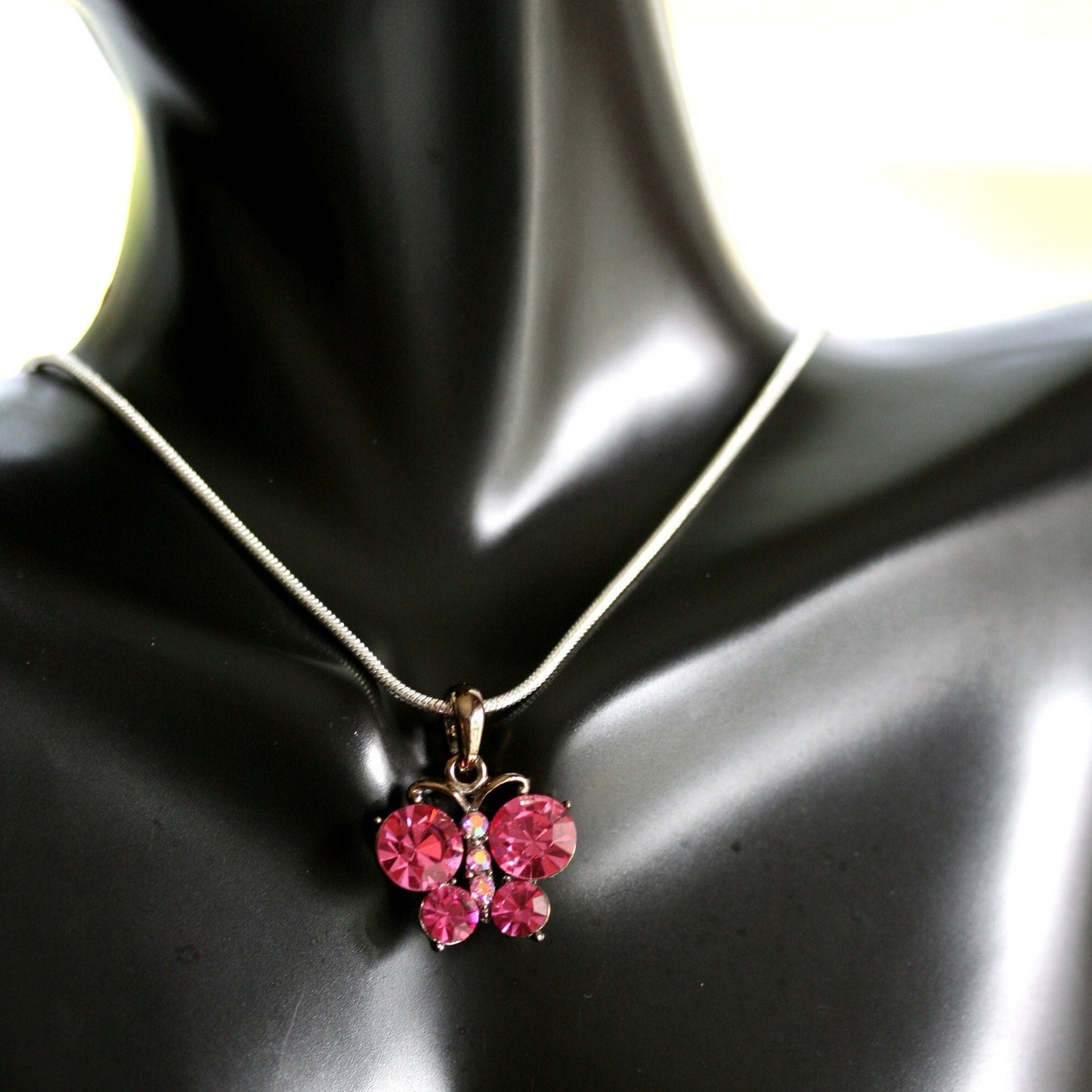 Pink Butterfly Necklace, Butterfly Pink Pendant Made With Swarovski Crystal Charm Necklace 18"+ Chain