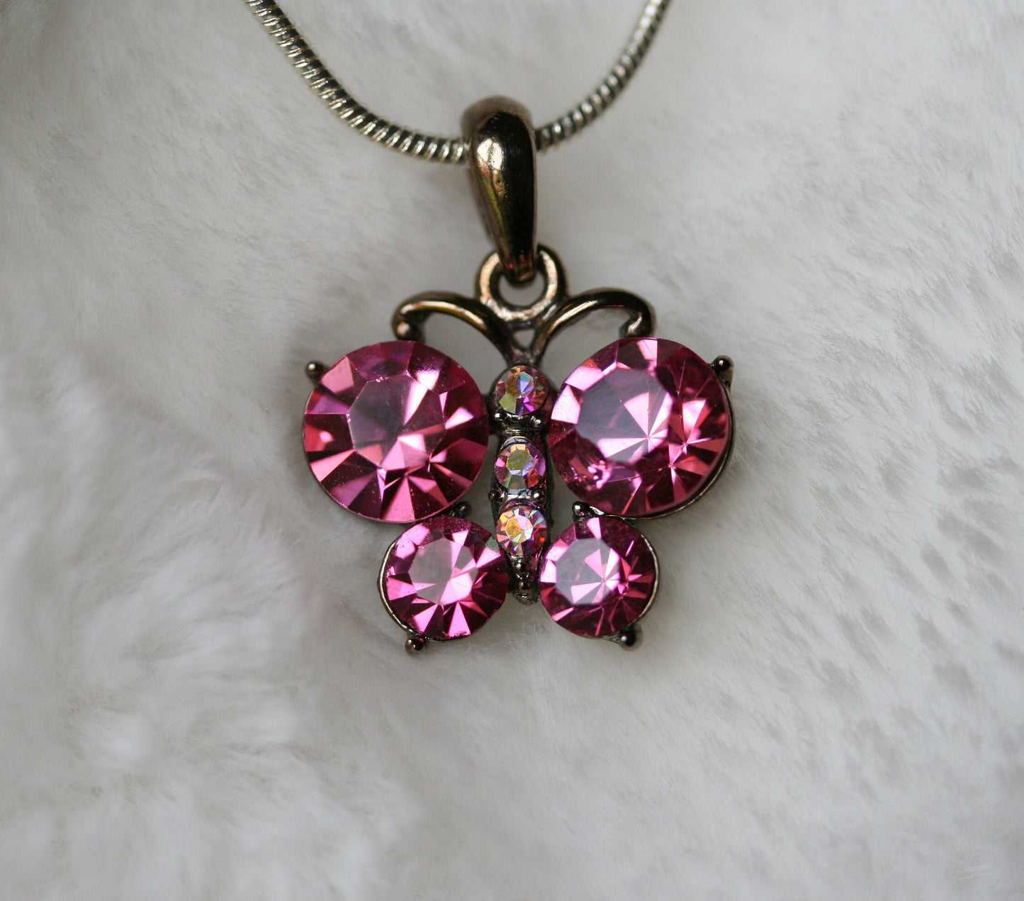 Pink Butterfly Necklace, Butterfly Pink Pendant Made With Swarovski Crystal Charm Necklace 18"+ Chain