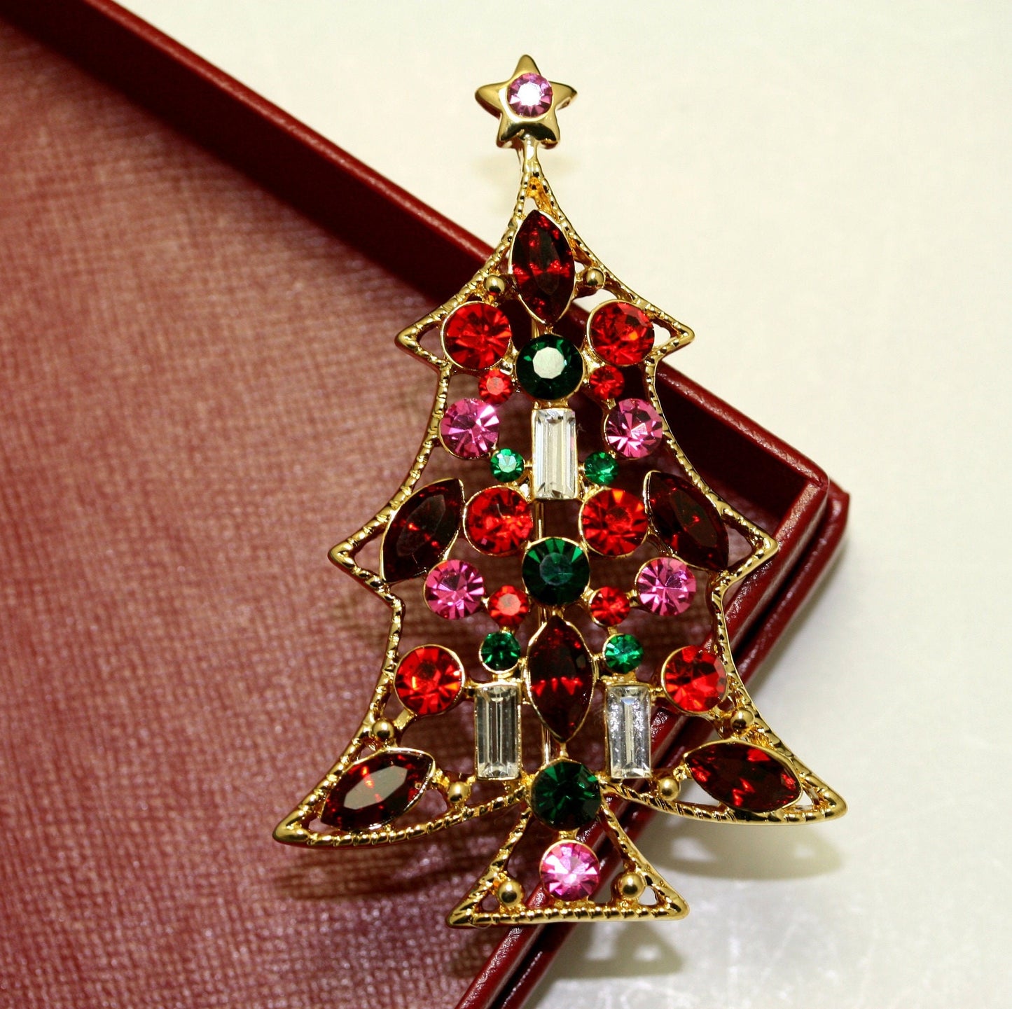 Rhinestone Christmas Tree Brooch Pin, Multi Colors Crystal Xmas Tree, Holiday Jewelry Gift