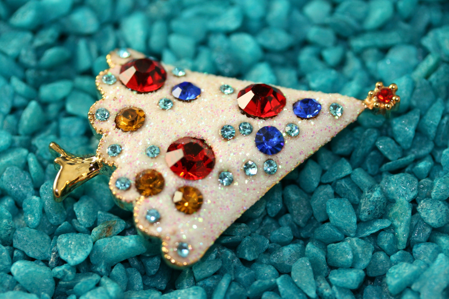 White Glitter Rhinestone Christmas Tree Brooch, Xmas Holiday Gift Jewelry