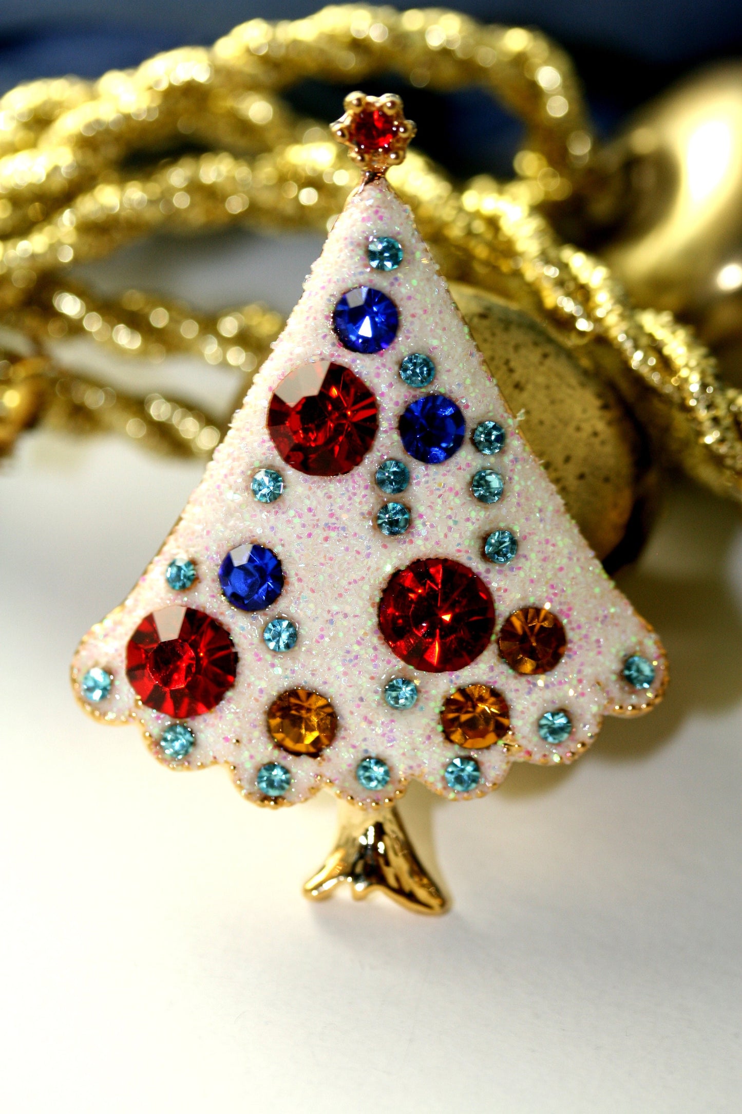 White Glitter Rhinestone Christmas Tree Brooch, Xmas Holiday Gift Jewelry