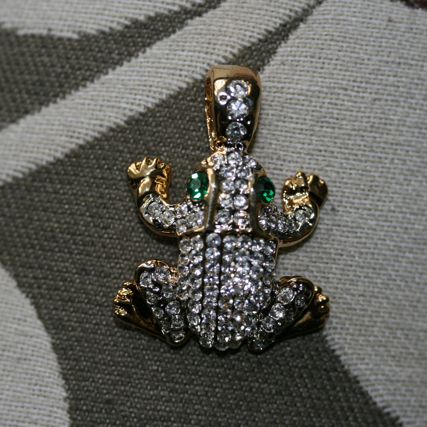 Vintage Clear Rhinestone Frog Pendant On Chain, Crystal Frog Necklace Two Tone, Animal Frog Jewelry