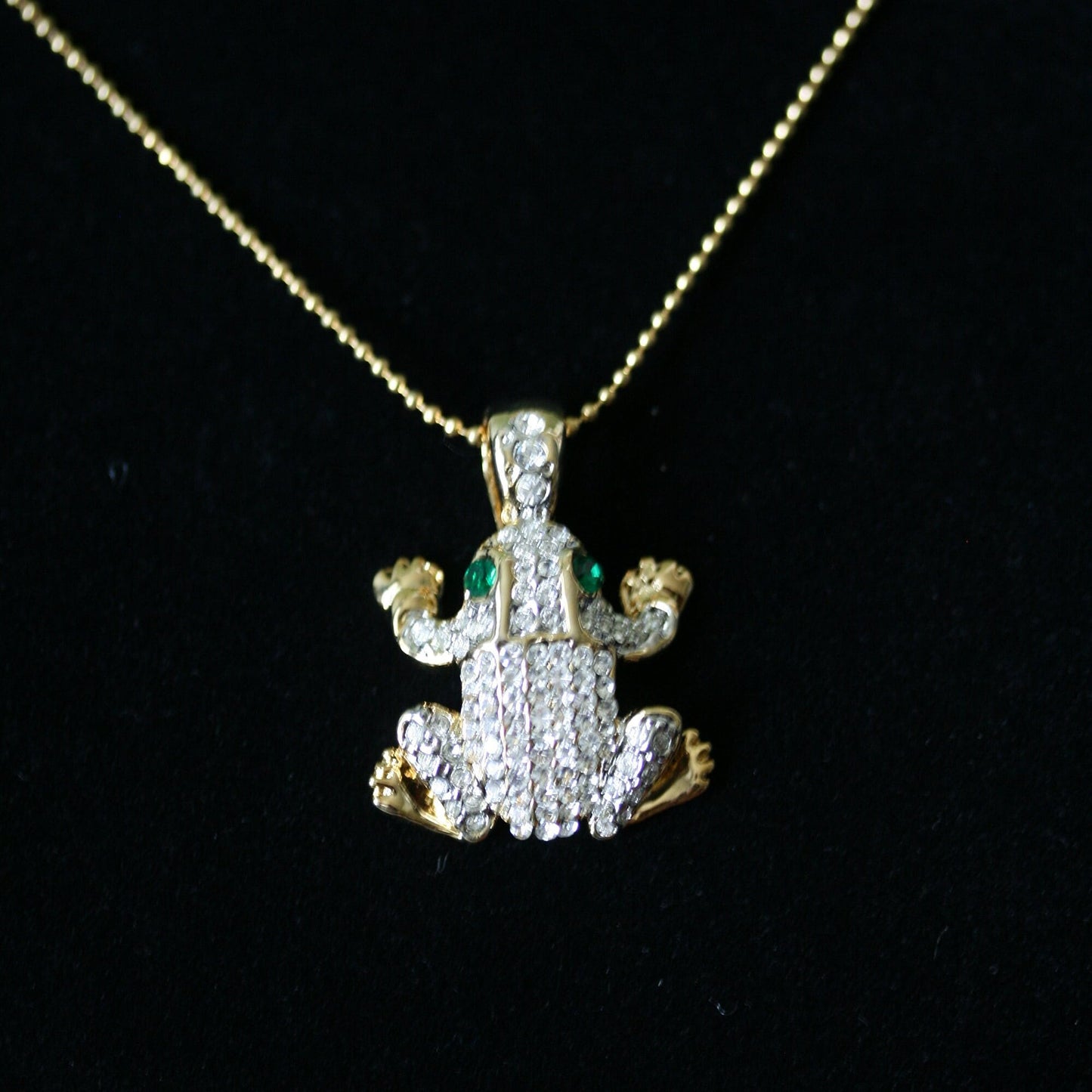 Vintage Clear Rhinestone Frog Pendant On Chain, Crystal Frog Necklace Two Tone, Animal Frog Jewelry
