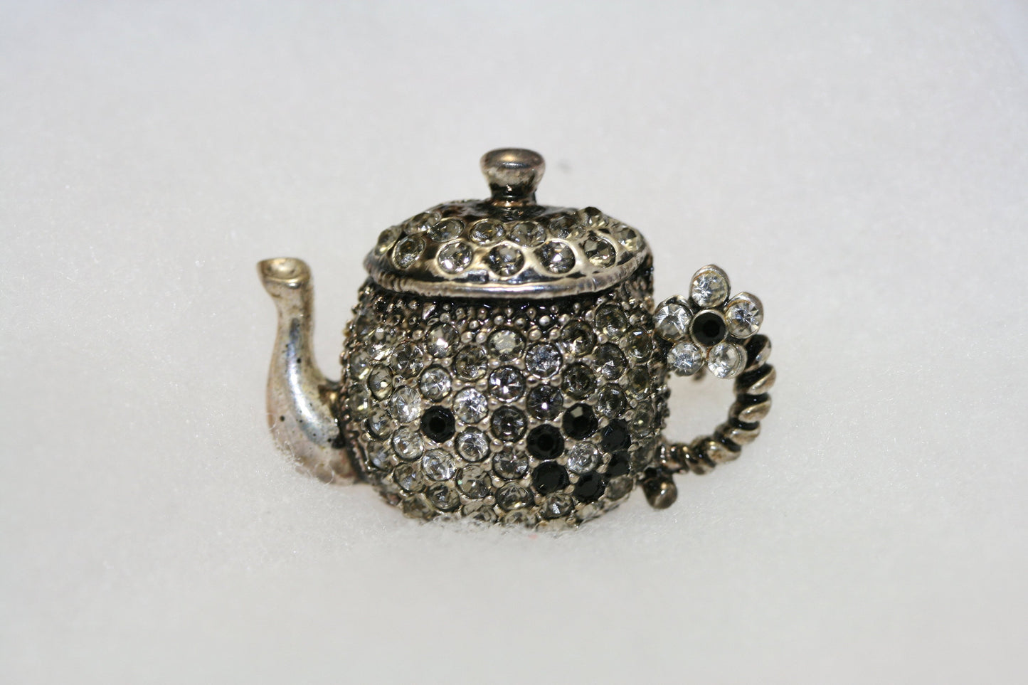 Vintage Rhinestone Silver Tone Teapot Brooch/Pin With Flowers Antique Teapot Jewelry
