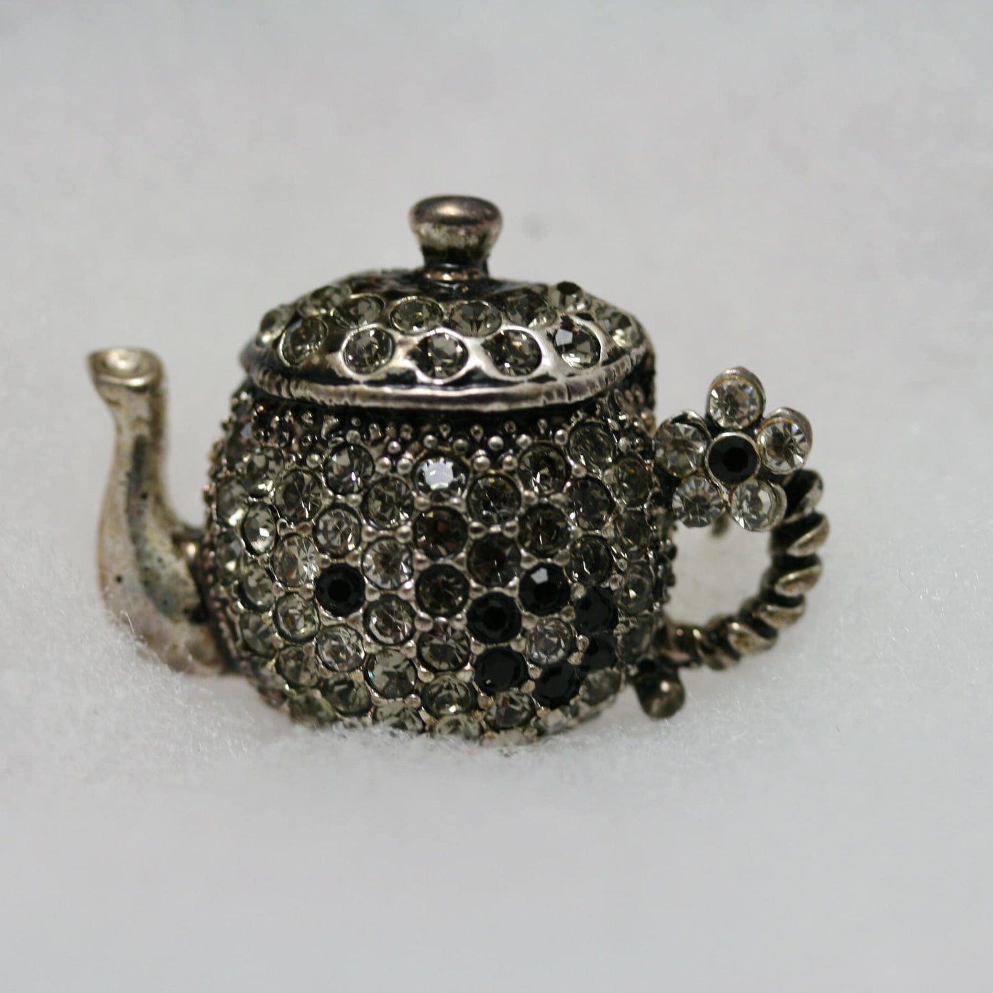 Vintage Rhinestone Silver Tone Teapot Brooch/Pin With Flowers Antique Teapot Jewelry