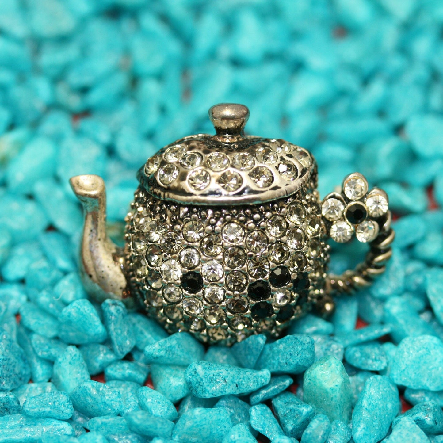 Vintage Rhinestone Silver Tone Teapot Brooch/Pin With Flowers Antique Teapot Jewelry