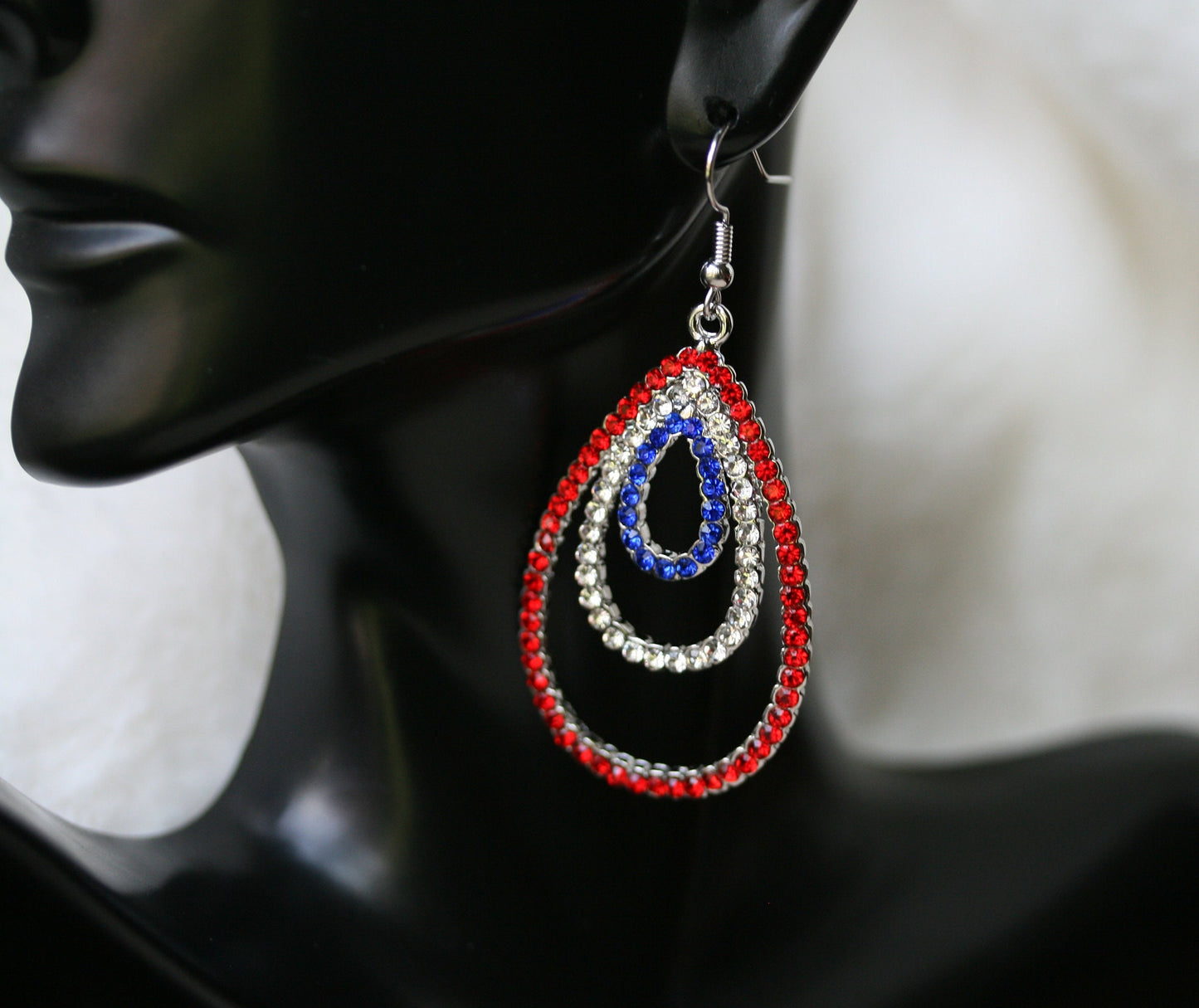Rhinestone USA Patriotic 4th of July Red White Blue Teardrop Tripe Layer Dangle Earring