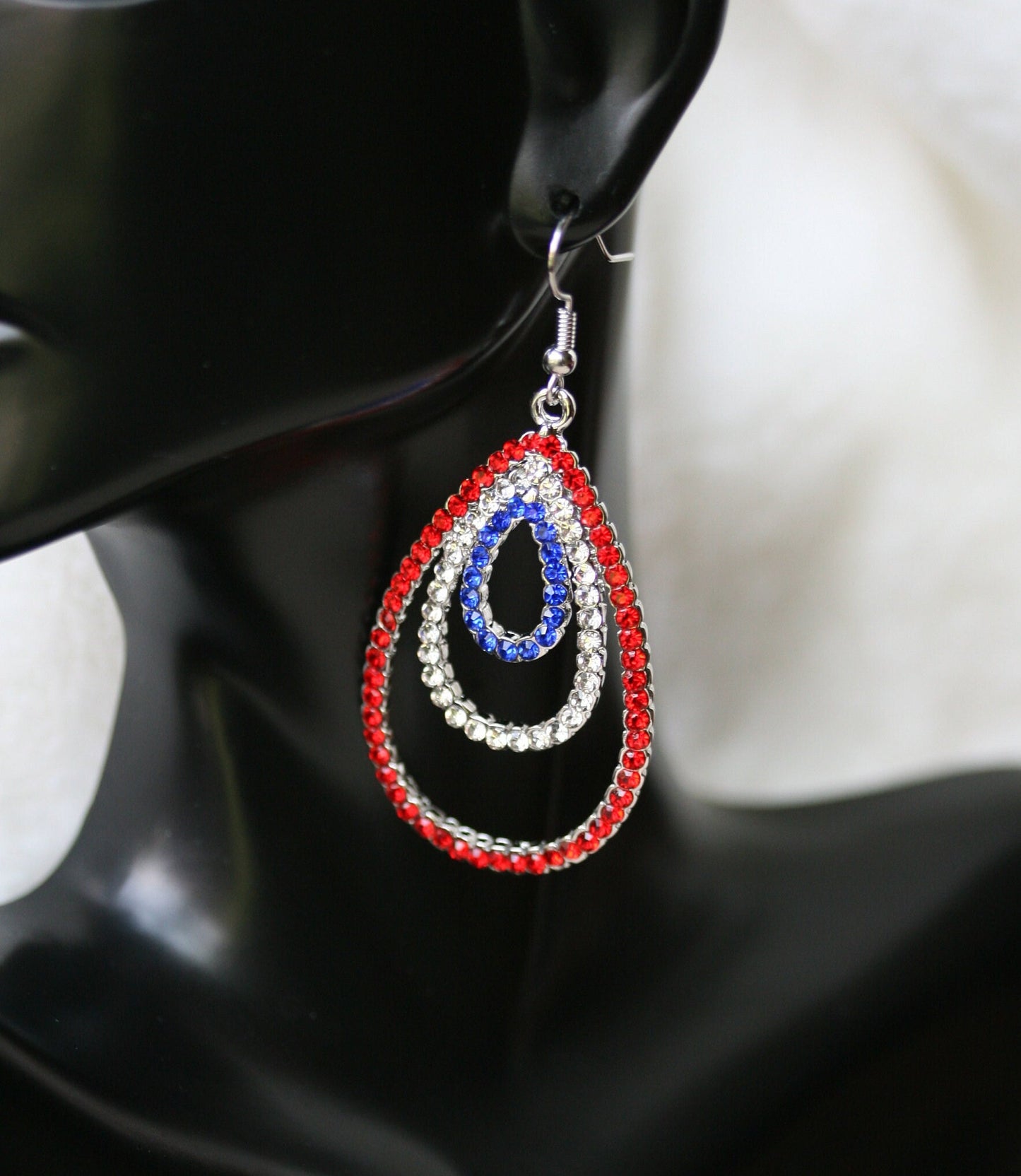 Rhinestone USA Patriotic 4th of July Red White Blue Teardrop Tripe Layer Dangle Earring