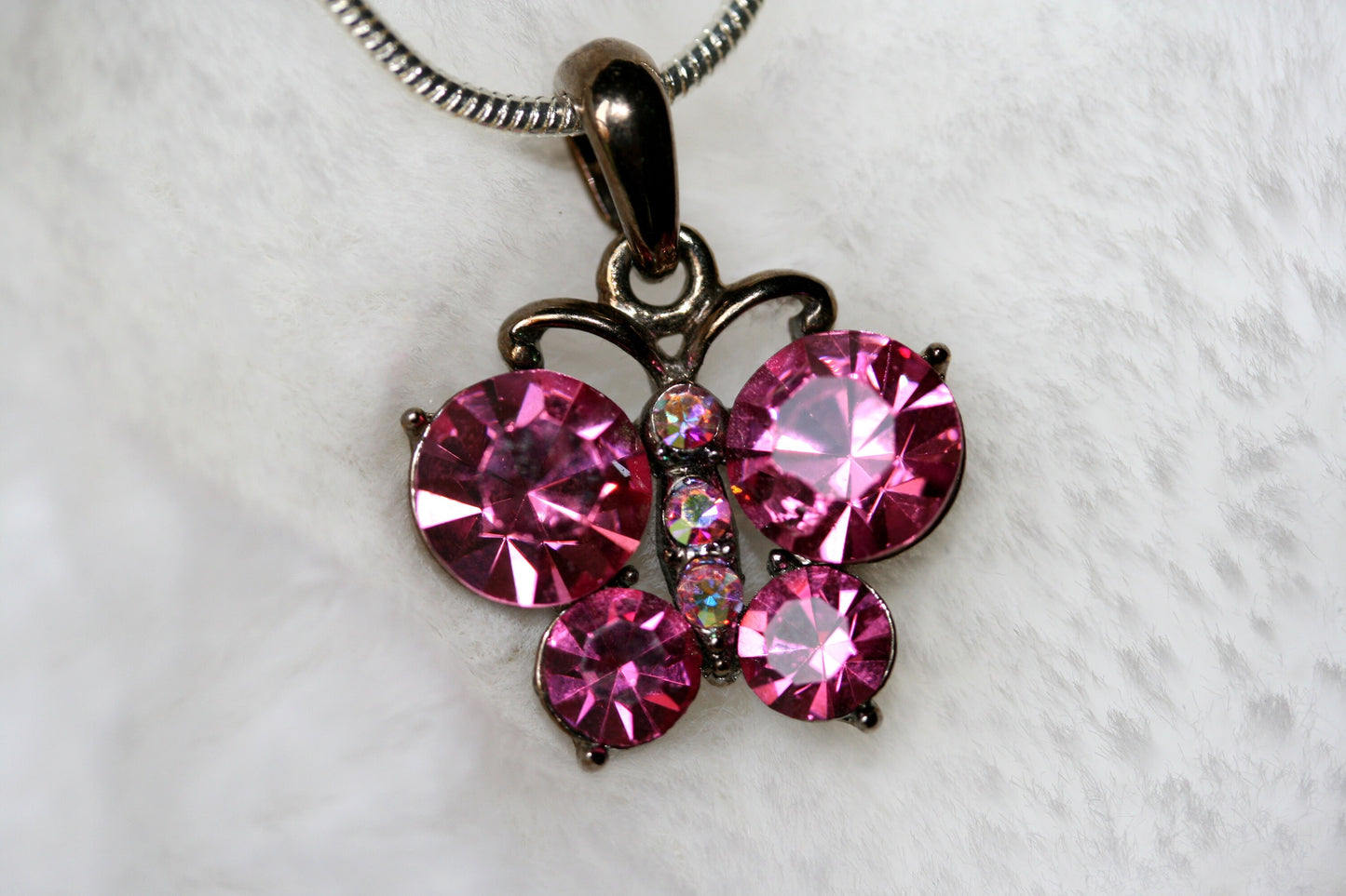 Pink Butterfly Necklace, Butterfly Pink Pendant Made With Swarovski Crystal Charm Necklace 18"+ Chain