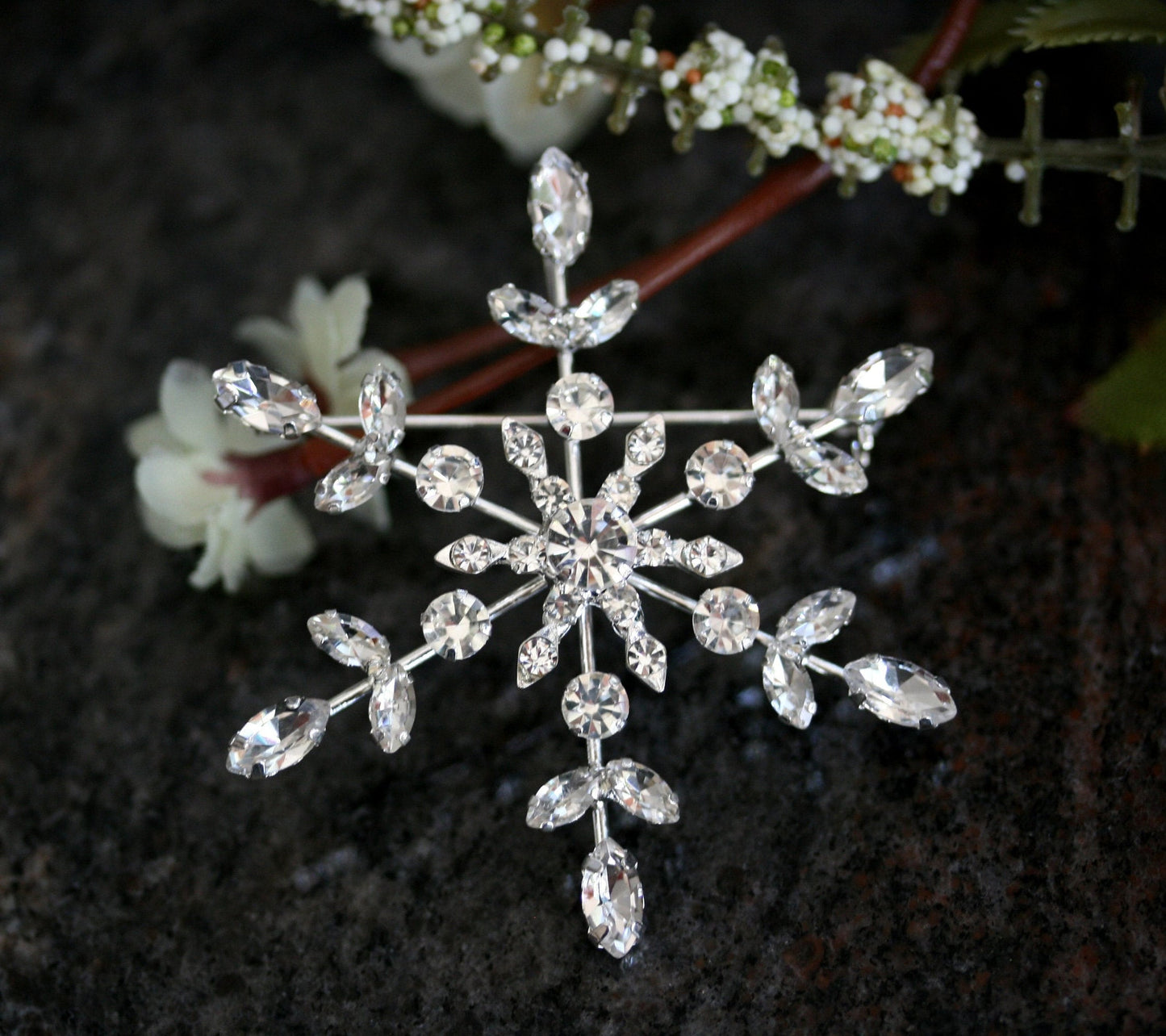Rhinestone Prong-Set Christmas Snowflake Brooch Pin and Pendant, Winter Star Snowflake Jewelry, Costume Holiday Jewelry Gift