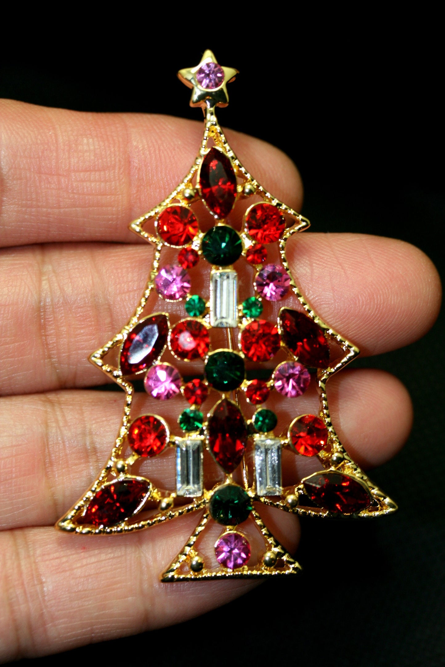 Rhinestone Christmas Tree Brooch Pin, Multi Colors Crystal Xmas Tree, Holiday Jewelry Gift