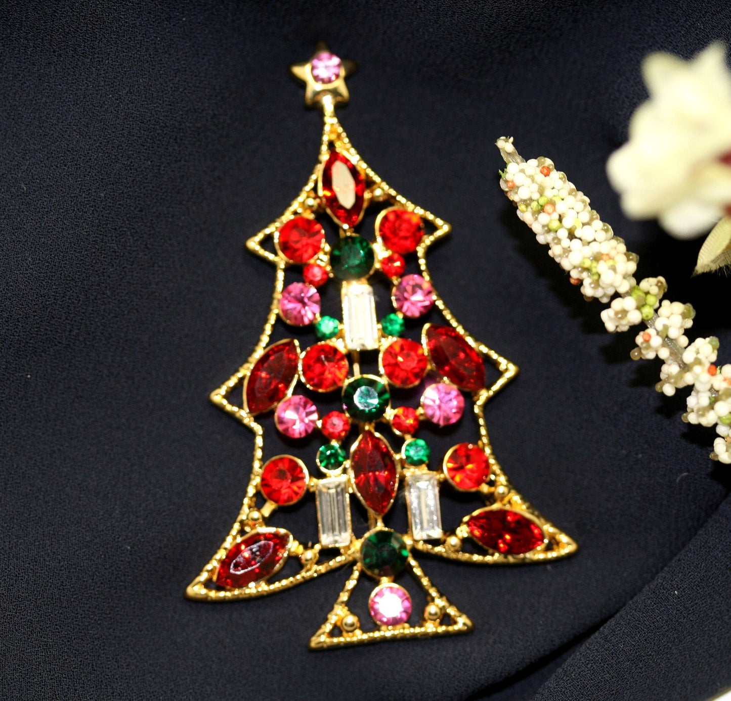 Rhinestone Christmas Tree Brooch Pin, Multi Colors Crystal Xmas Tree, Holiday Jewelry Gift