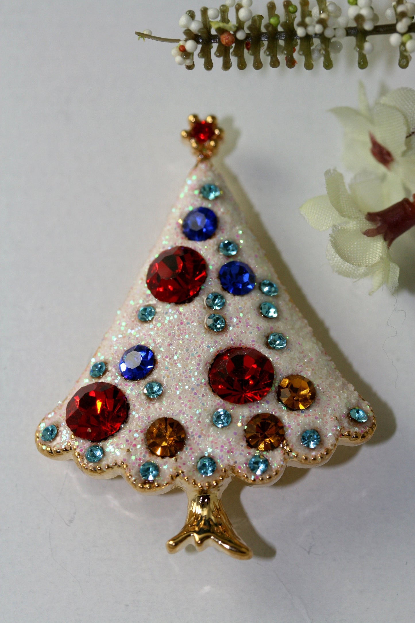 White Glitter Rhinestone Christmas Tree Brooch, Xmas Holiday Gift Jewelry