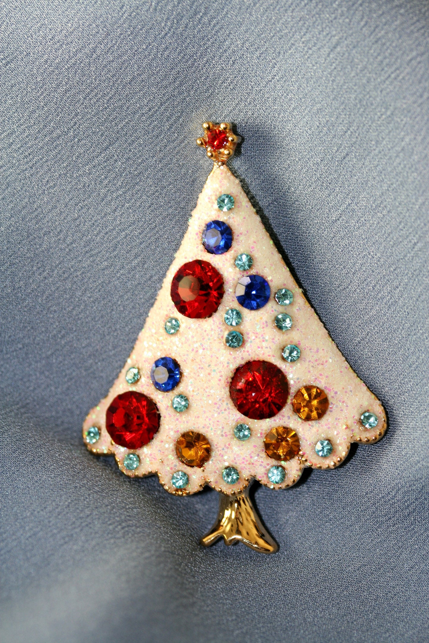 White Glitter Rhinestone Christmas Tree Brooch, Xmas Holiday Gift Jewelry