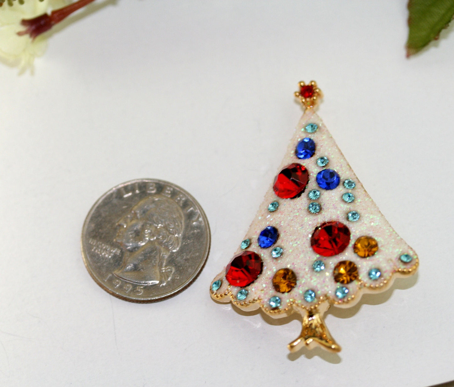 White Glitter Rhinestone Christmas Tree Brooch, Xmas Holiday Gift Jewelry