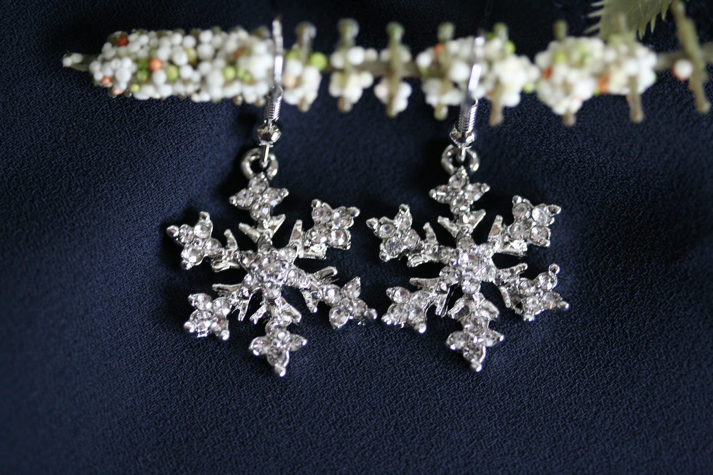 Rhinestone French Hook Snowflake Earrings, Silver Plated Christmas Crystal Snow Flake Dangling Earring, Holiday Fashion Jewelry Gift