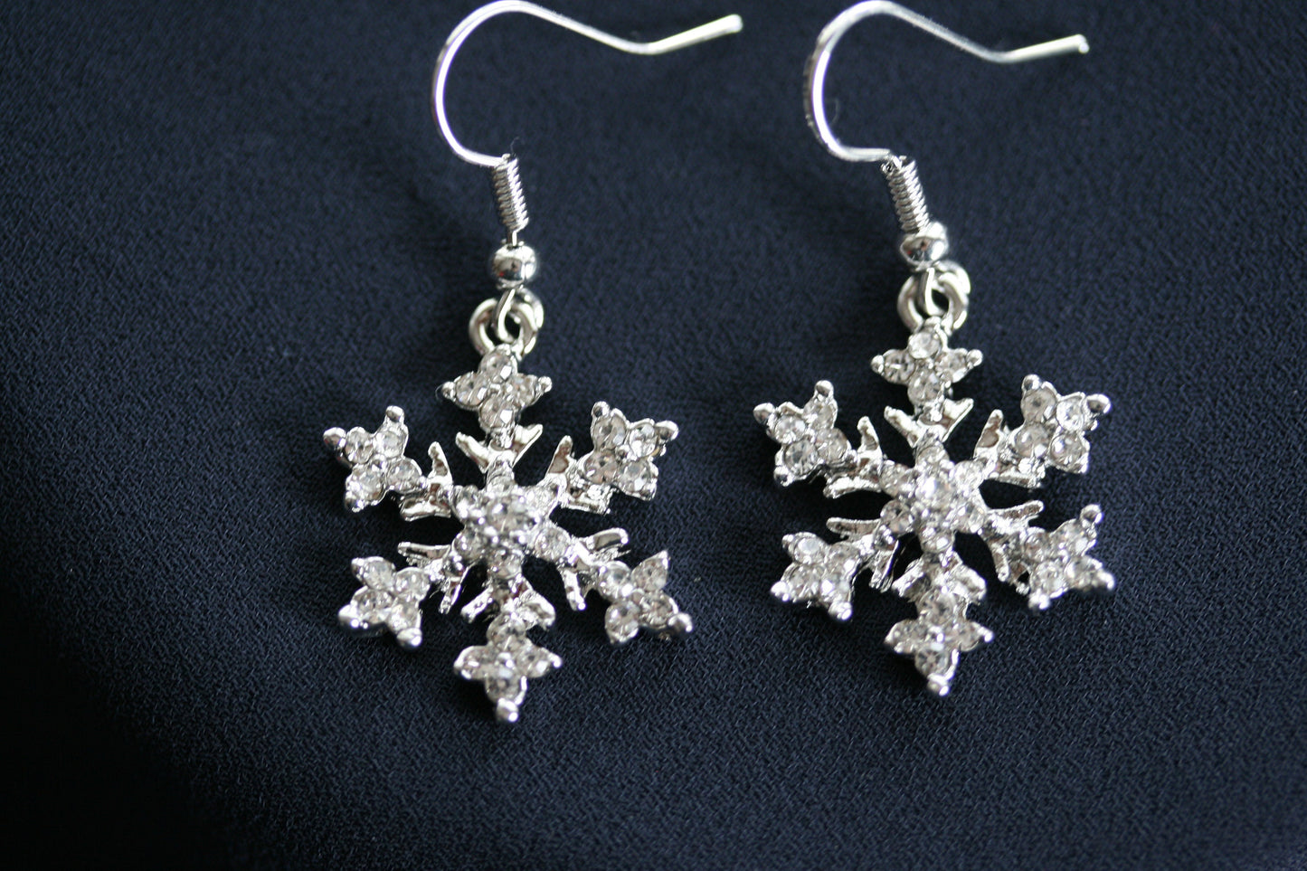 Rhinestone French Hook Snowflake Earrings, Silver Plated Christmas Crystal Snow Flake Dangling Earring, Holiday Fashion Jewelry Gift