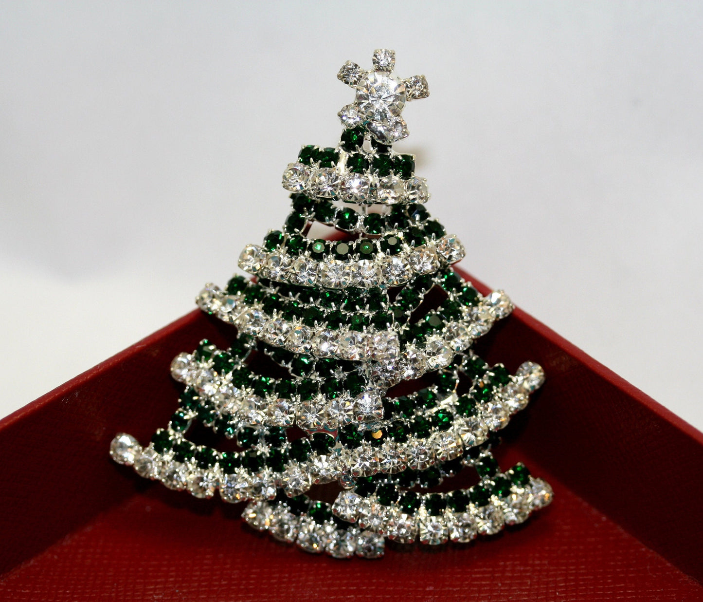 Green and White Rhinestone Christmas Tree Brooch Pin, Traditionally Christmas Jewelry, Christmas Accessories