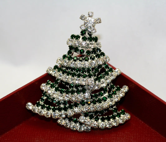 Green and White Rhinestone Christmas Tree Brooch Pin, Traditionally Christmas Jewelry, Christmas Accessories