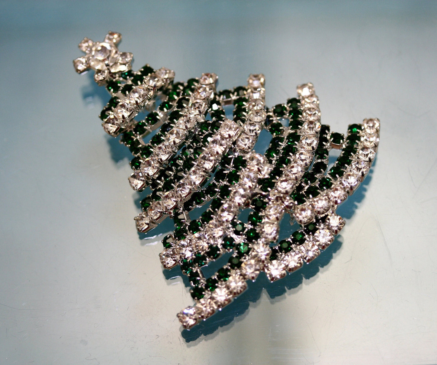 Green and White Rhinestone Christmas Tree Brooch Pin, Traditionally Christmas Jewelry, Christmas Accessories