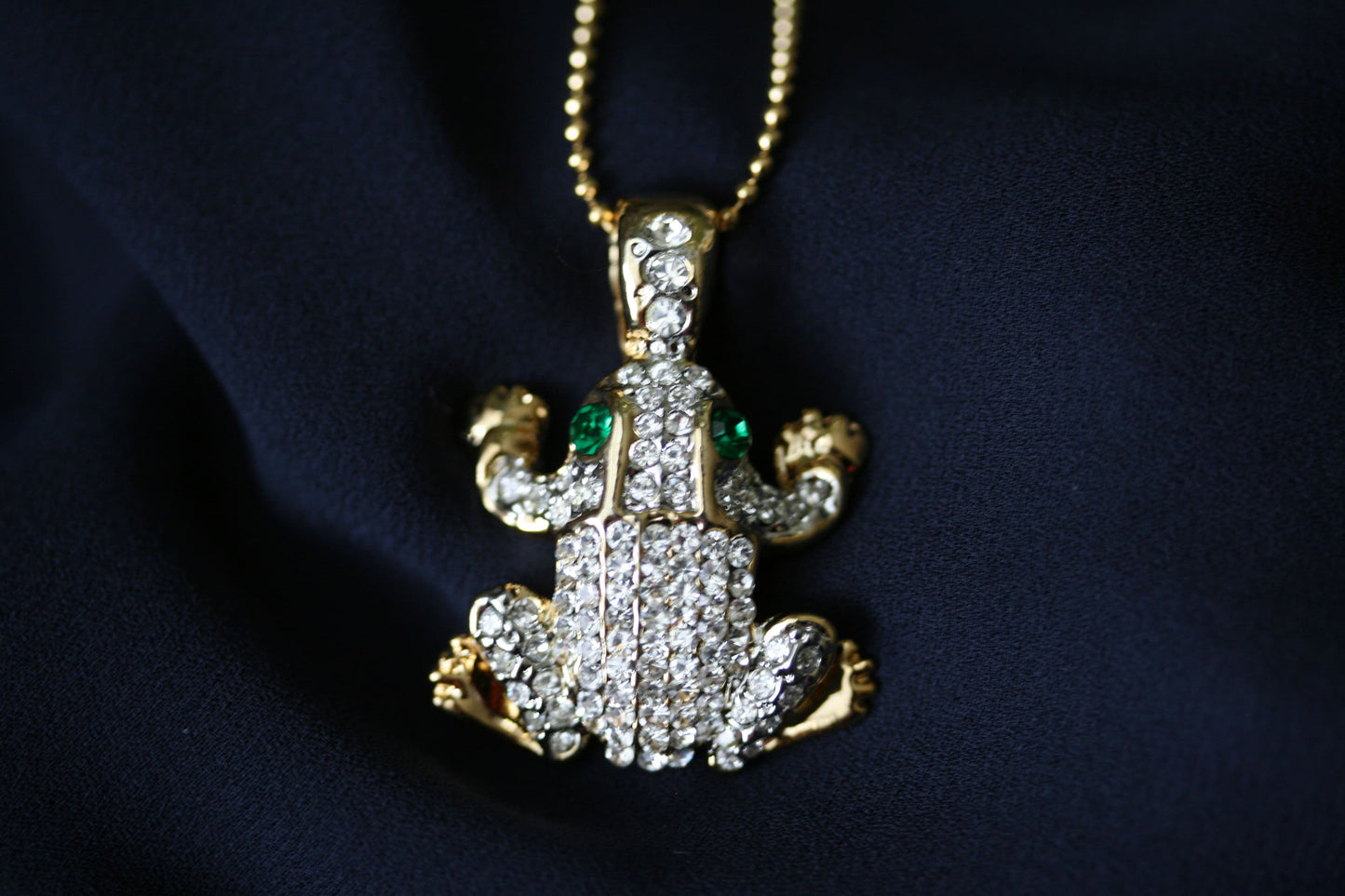 Vintage Clear Rhinestone Frog Pendant On Chain, Crystal Frog Necklace Two Tone, Animal Frog Jewelry