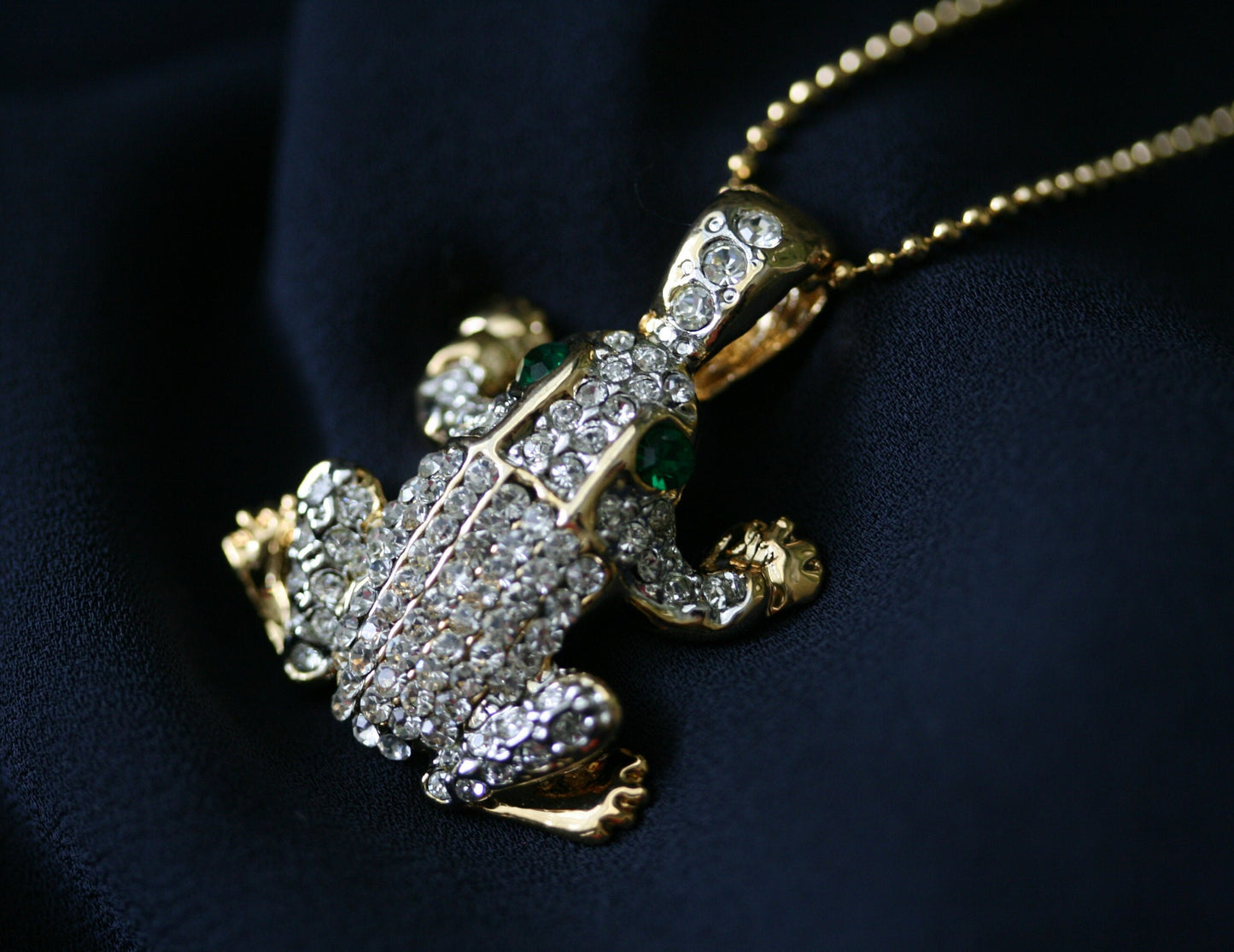 Vintage Clear Rhinestone Frog Pendant On Chain, Crystal Frog Necklace Two Tone, Animal Frog Jewelry