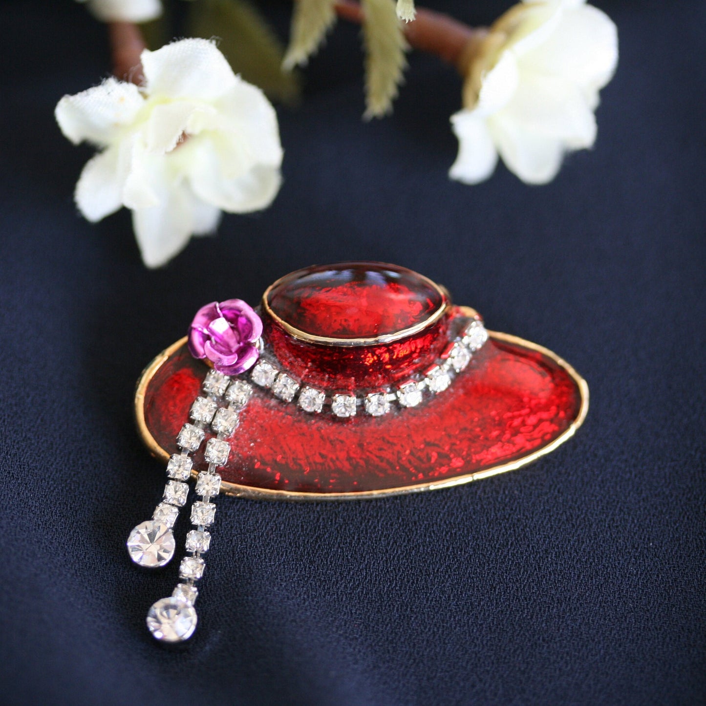 Vintage Red Hat Club Lapel Pin, Red Enamel Red Hat Club Brooch With Clear Rhinestone