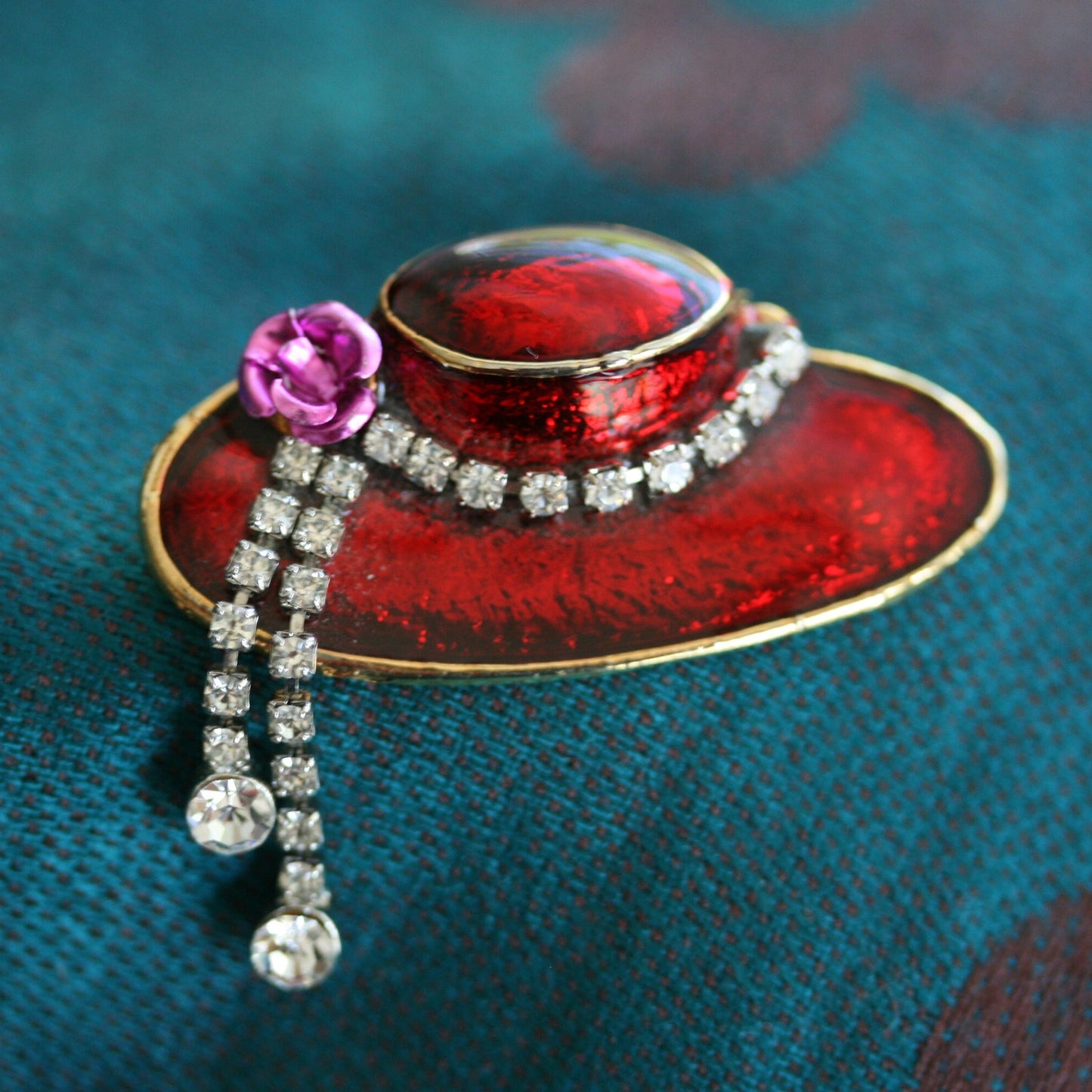 Vintage Red Hat Club Lapel Pin, Red Enamel Red Hat Club Brooch With Clear Rhinestone