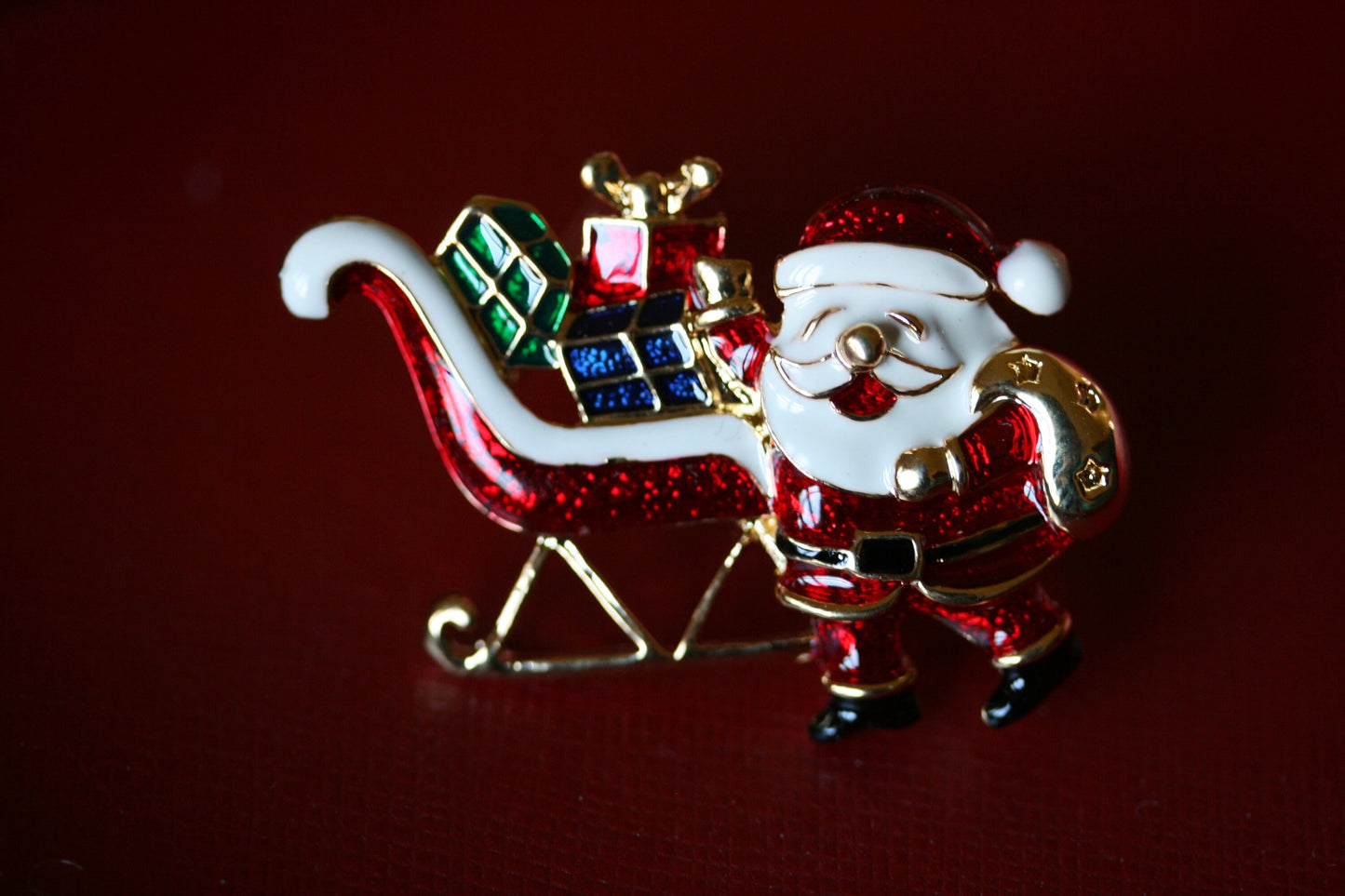 Gold Tone Santa In Sleigh Enamel Brooch, Sleigh Pin, Santal Pin