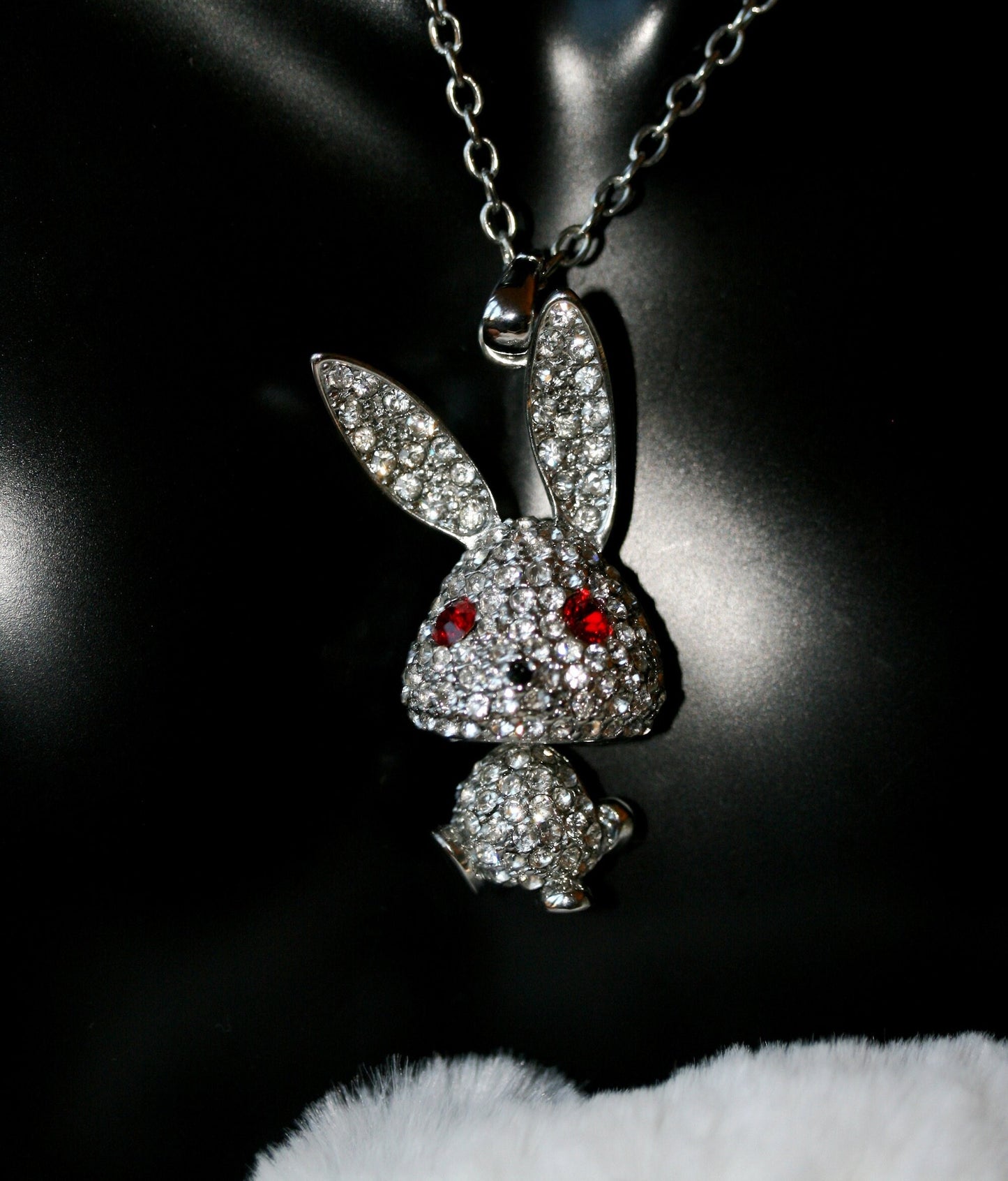 Silvery Tone Crystal Rhinestone Bobble Anime Bunny Rabbit Pendant Necklace