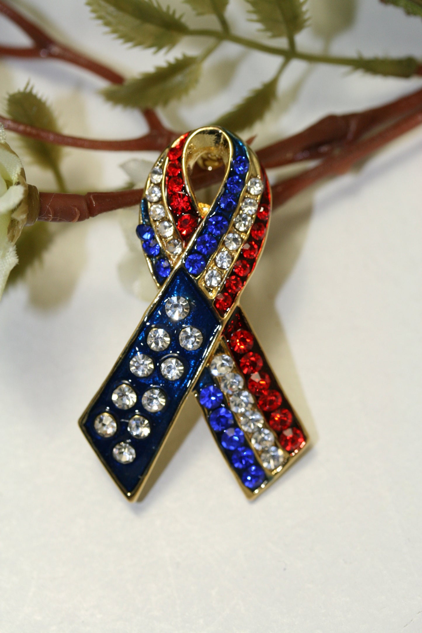Patriotic Rhinestone American Flag Ribbon Brooch, Red White Blue Ribbon Pin, 4th July Independence Day Jewelry
