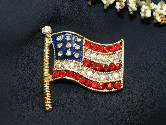 American Flag Brooches Lapel Pins USA National Flag Sparkling Crystal Rhinestone 4th of July Patriotic Jewelry