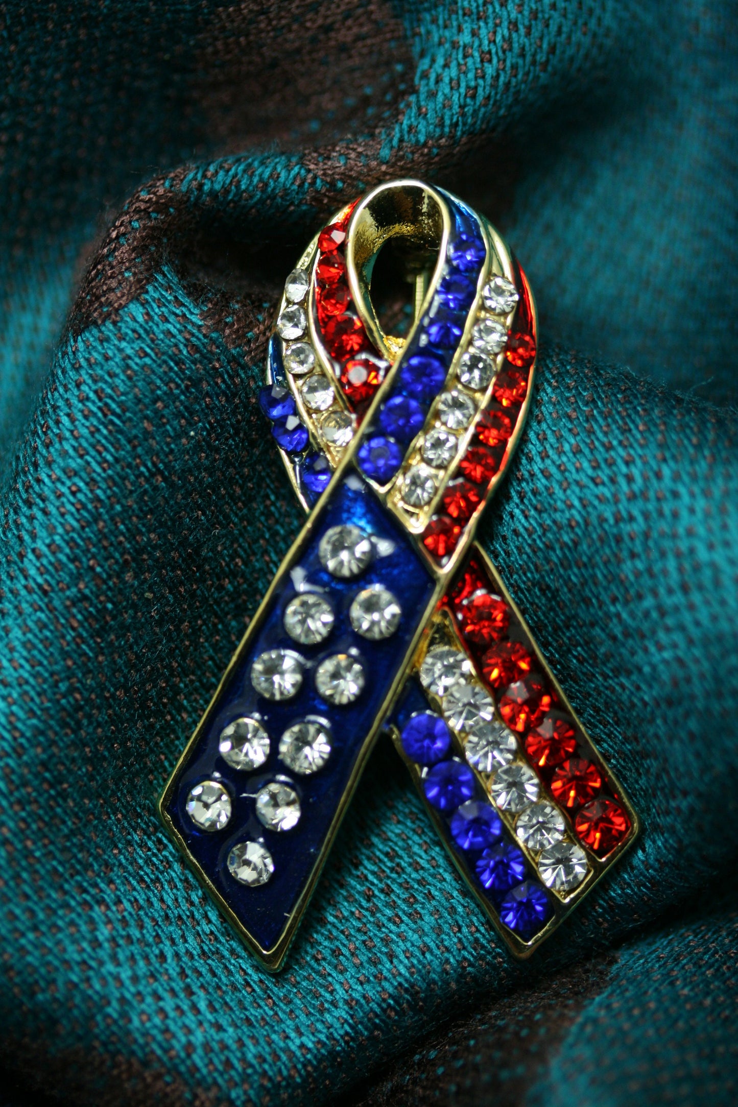 Patriotic Rhinestone American Flag Ribbon Brooch, Red White Blue Ribbon Pin, 4th July Independence Day Jewelry