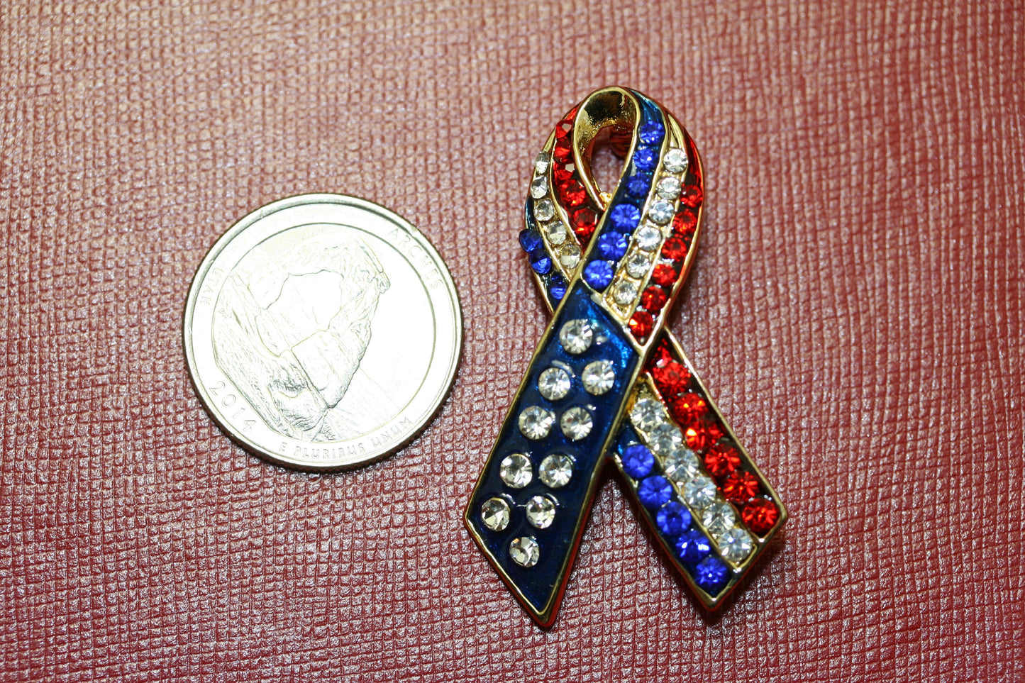Patriotic Rhinestone American Flag Ribbon Brooch, Red White Blue Ribbon Pin, 4th July Independence Day Jewelry
