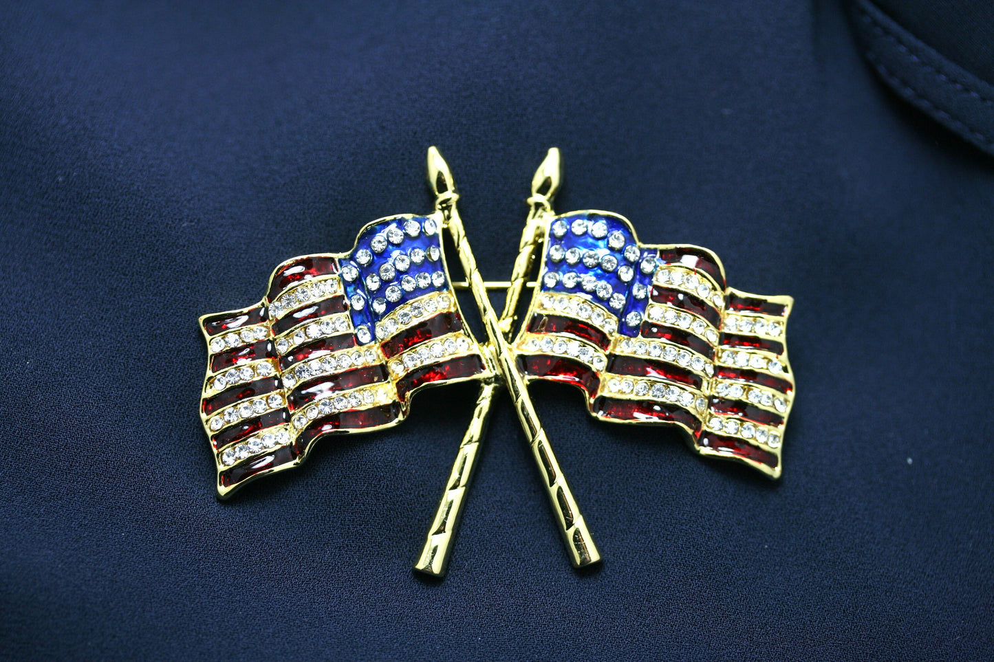 Vintage Double AMERICAN FLAG Rhinestone Brooch Pin USA Patriotic