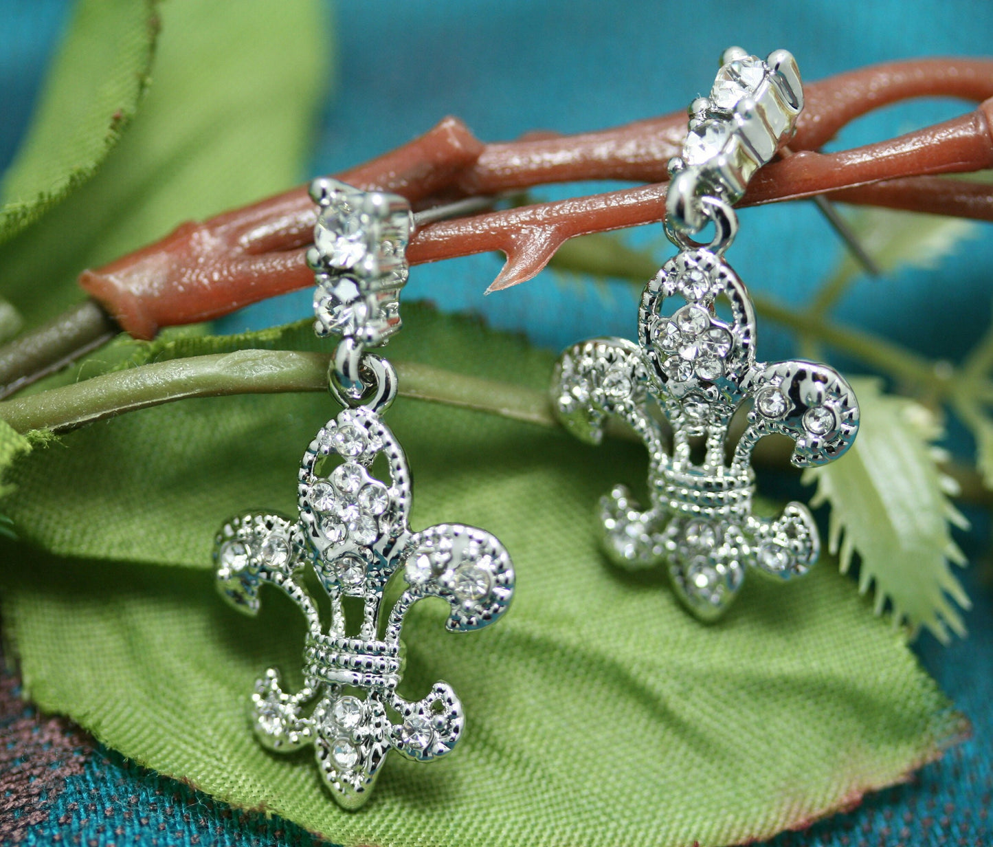 Clear Crystal Fleur De Lis Dangle Earrings, New Orleans Rhinestone Post Fleur De Lis Earrings