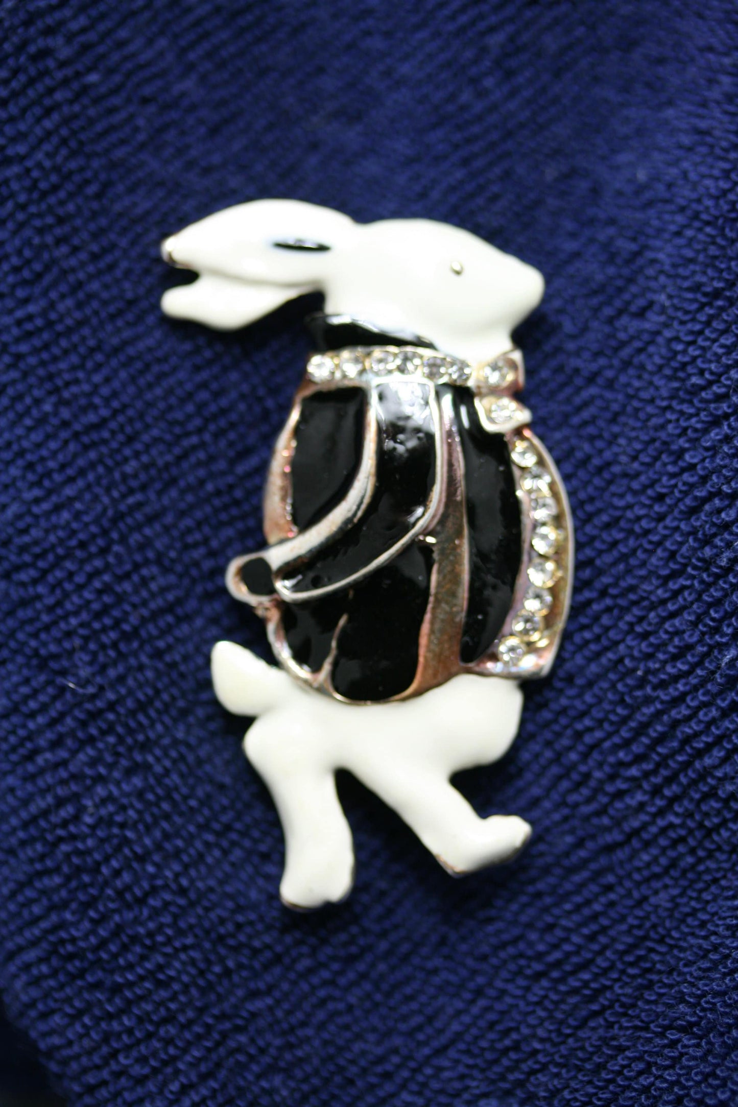 Rhinestone Easter Bunny Rabbit Brooch, Black & White Enamel Rabbit Lapel Pin Brooch