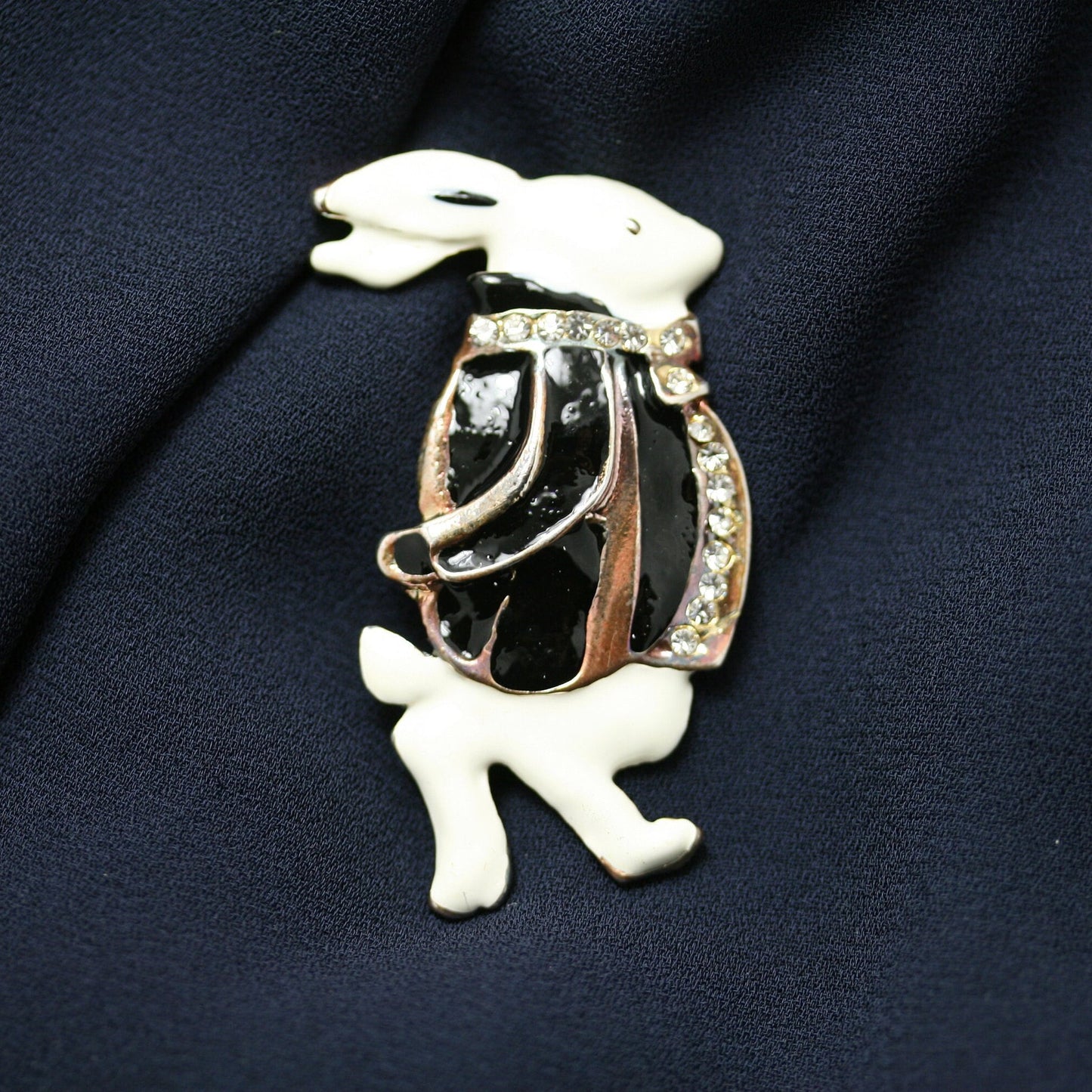 Rhinestone Easter Bunny Rabbit Brooch, Black & White Enamel Rabbit Lapel Pin Brooch