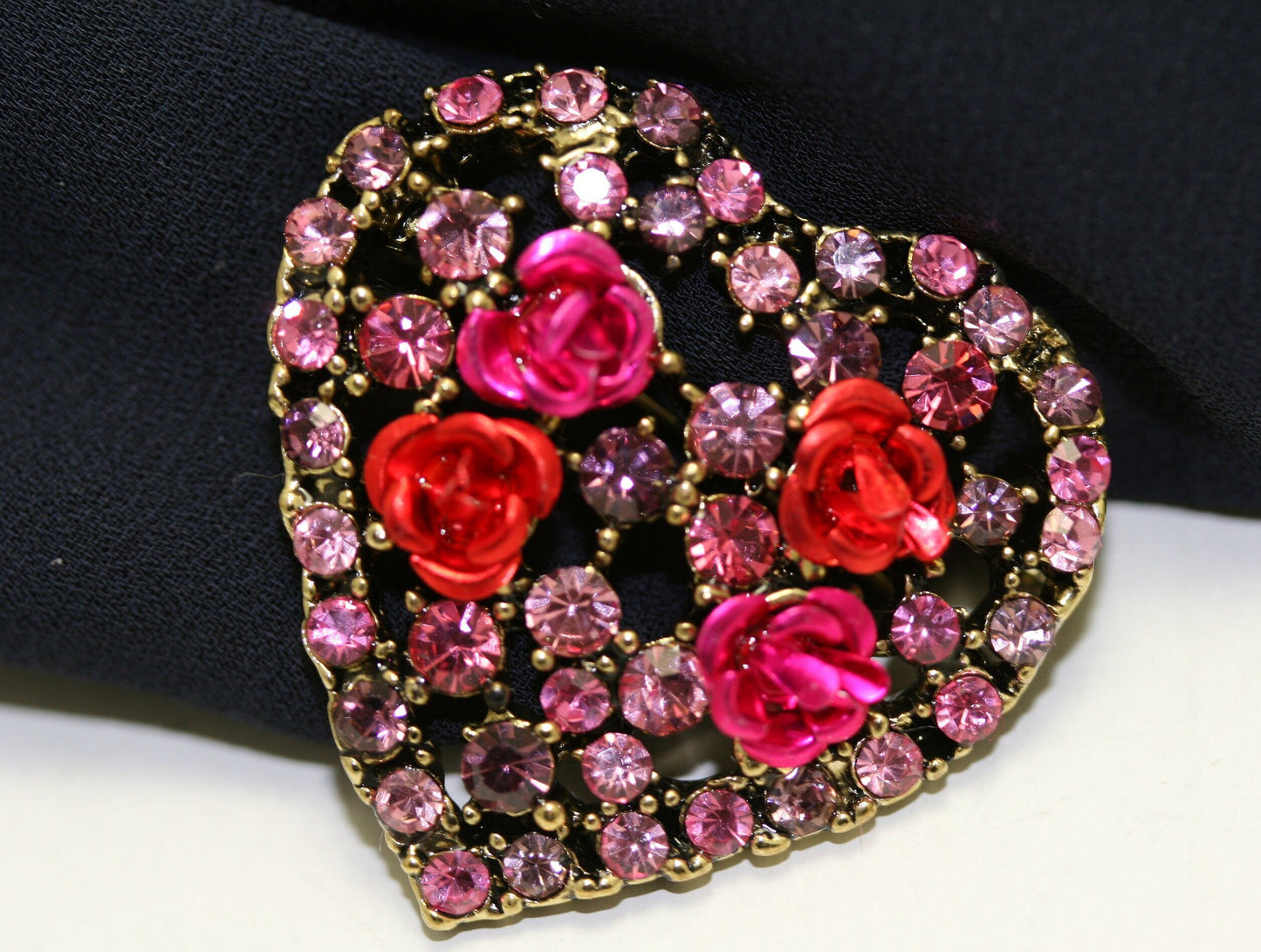 Rhinestone Valentine's Day Heart With Roses Pin Brooch, Valentine's Da Jewelry Gift For Her