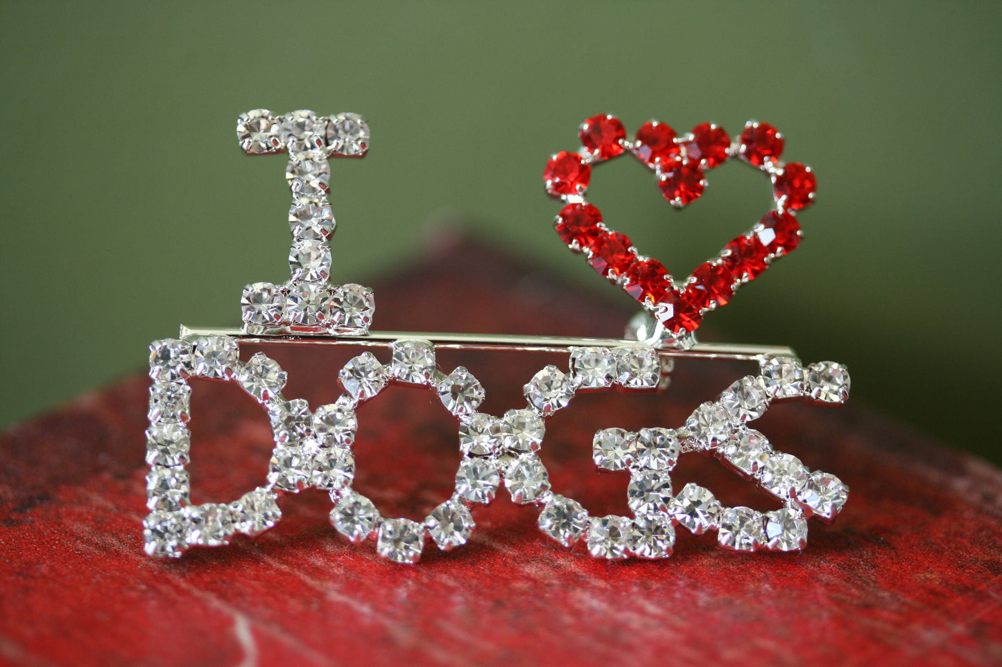 I Love Dogs Red Crystal Heart Brooch Silver Tone Rhinestone Puppy Dog Pin