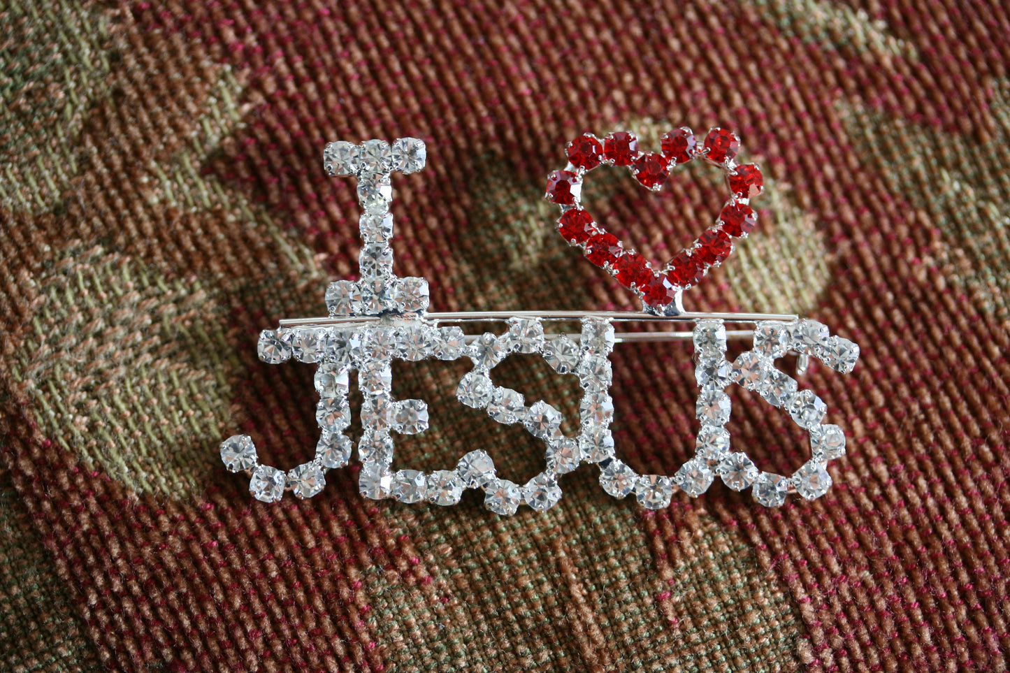 Rhinestone I Love Jesus Pin Brooch Austrian Crystal Handmade "I Love Jesus" Lapel Pin