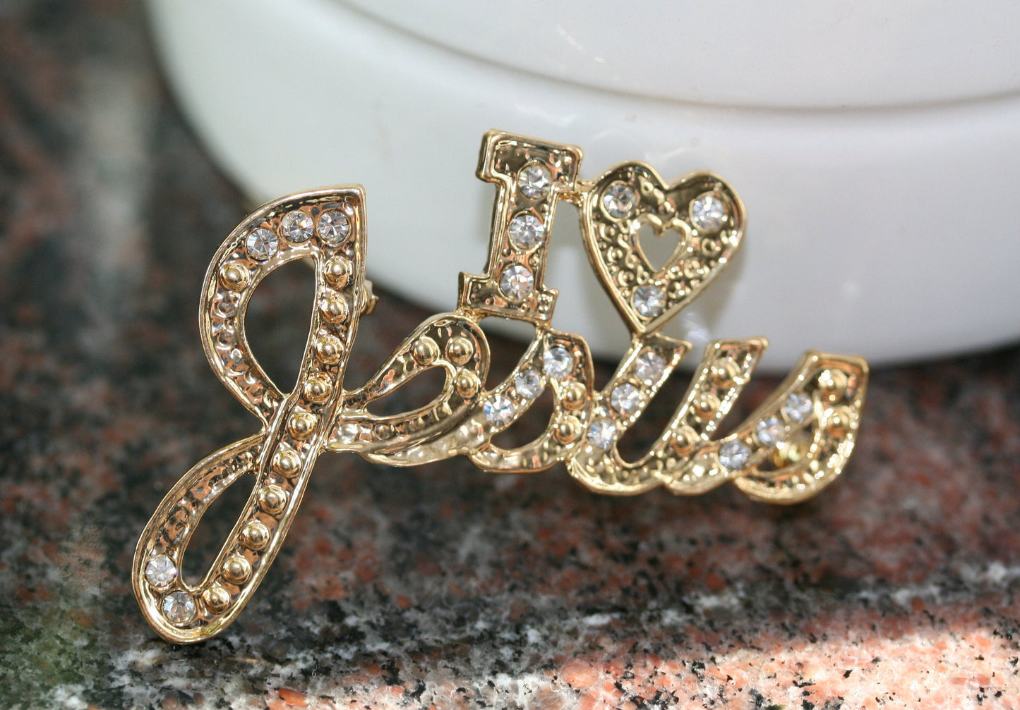Rhinestone I Love Jesus Pin Brooch Austrian Crystal Handmade "I Love Jesus" Lapel Pin