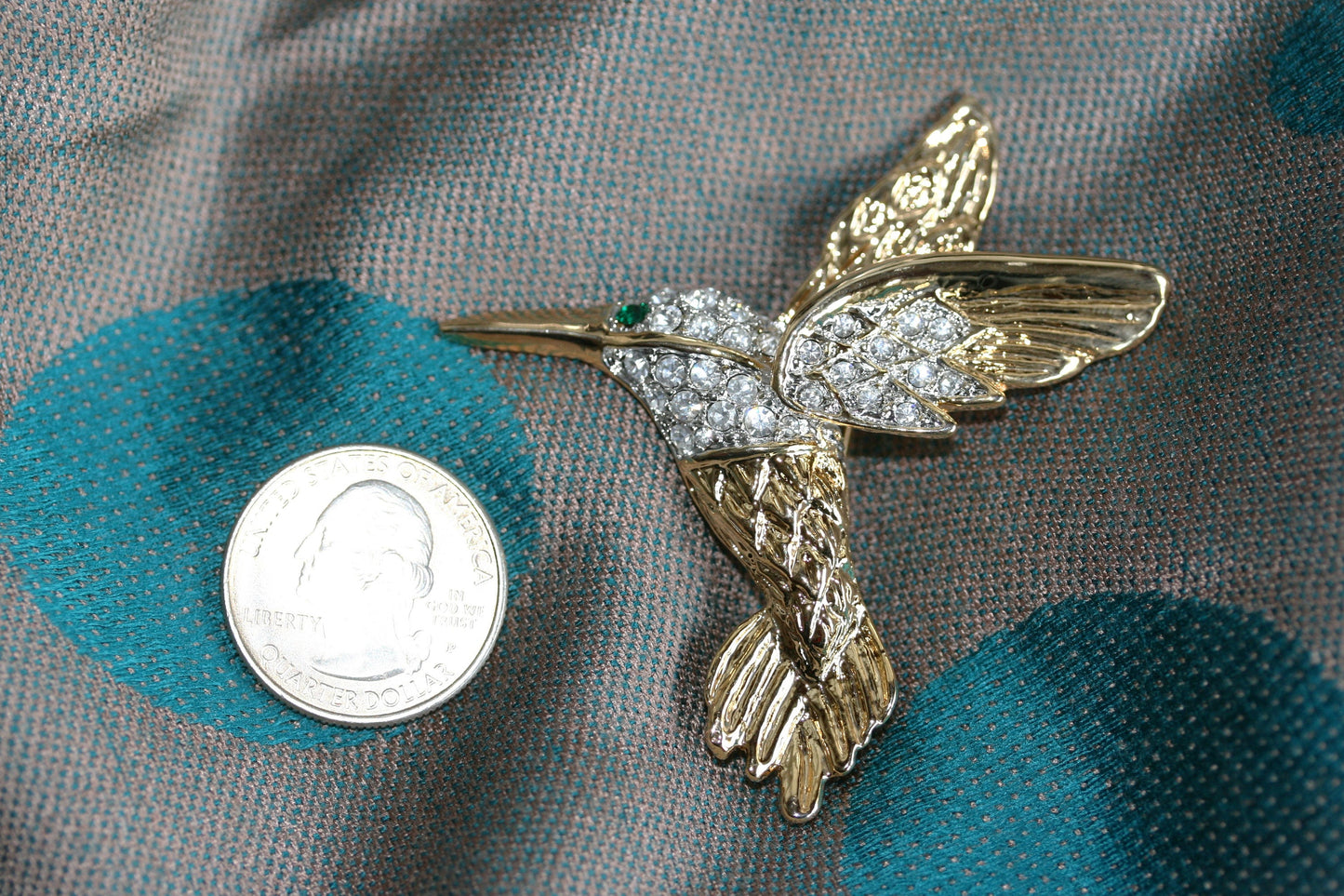Vintage Two-Tone Clear Rhinestone Green Eye Hummingbird Brooch Pin