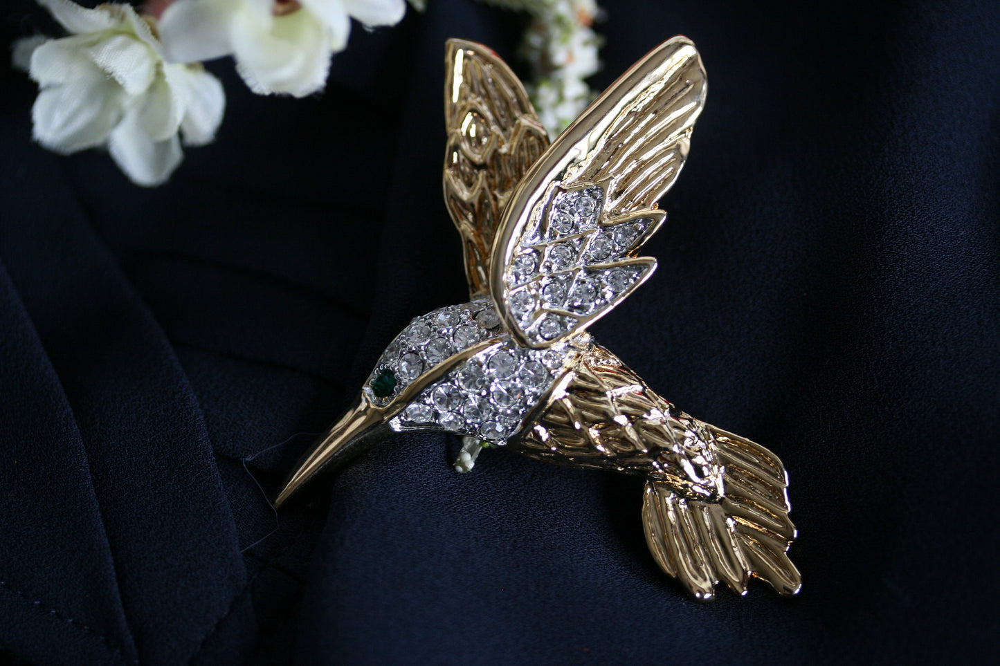 Vintage Two-Tone Clear Rhinestone Green Eye Hummingbird Brooch Pin