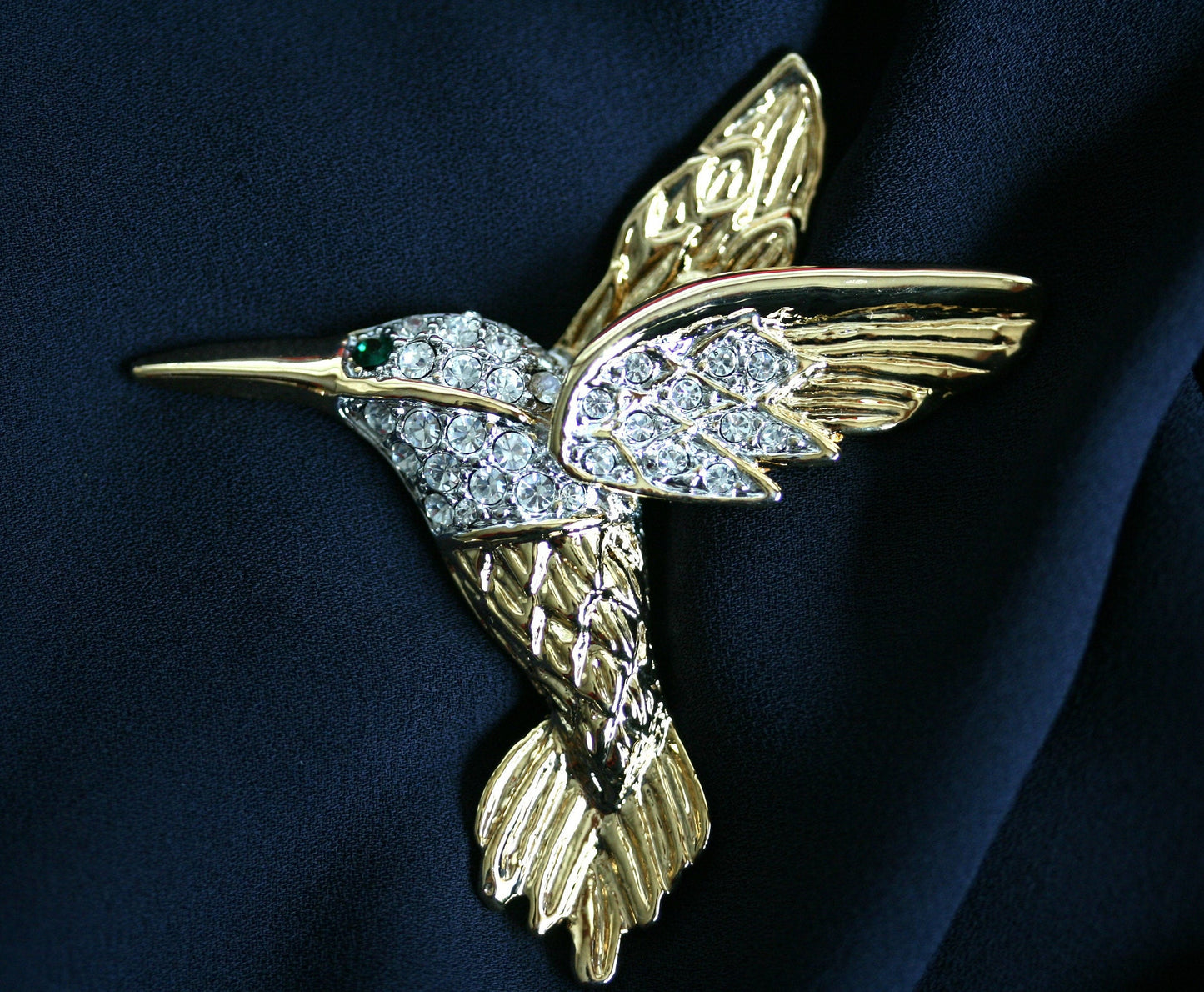 Vintage Two-Tone Clear Rhinestone Green Eye Hummingbird Brooch Pin