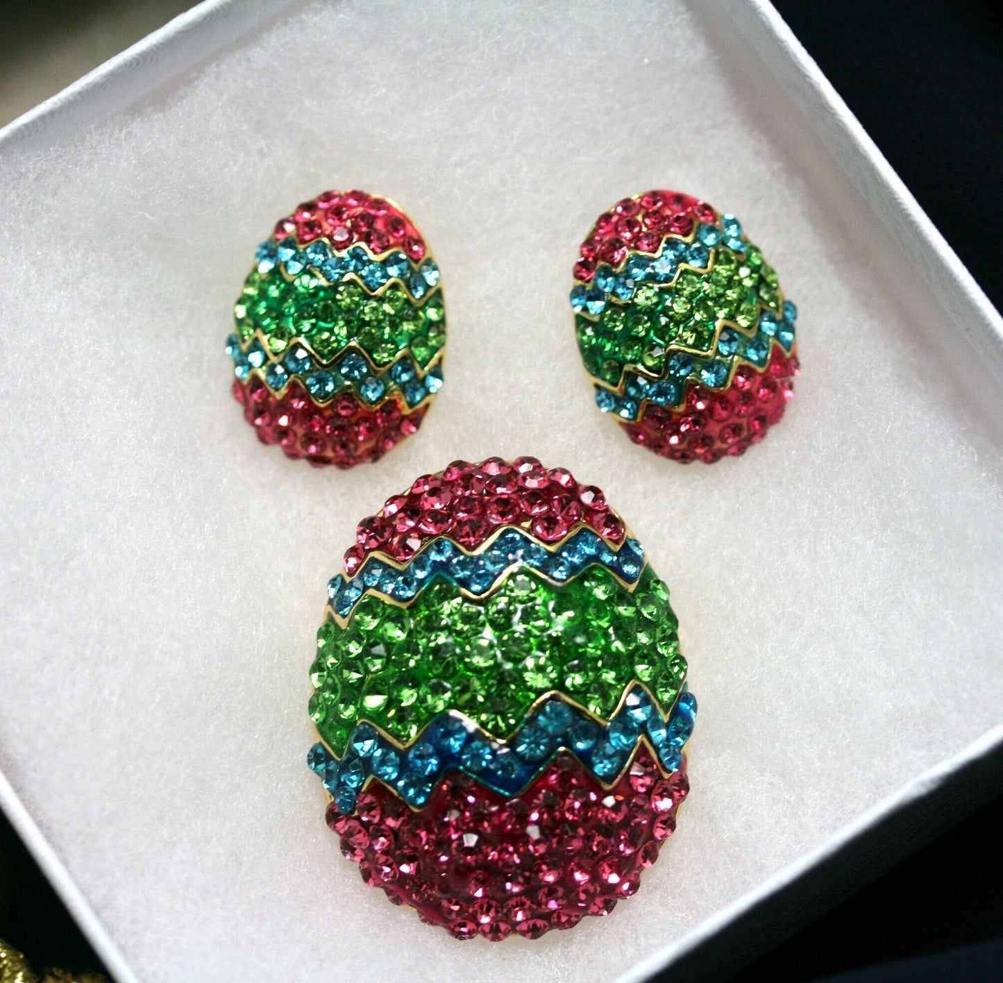 Rhinestone Multi-Colors Easter Egg Brooch Pin and Post Earrings Set, Easter Holiday Costume Jewelry