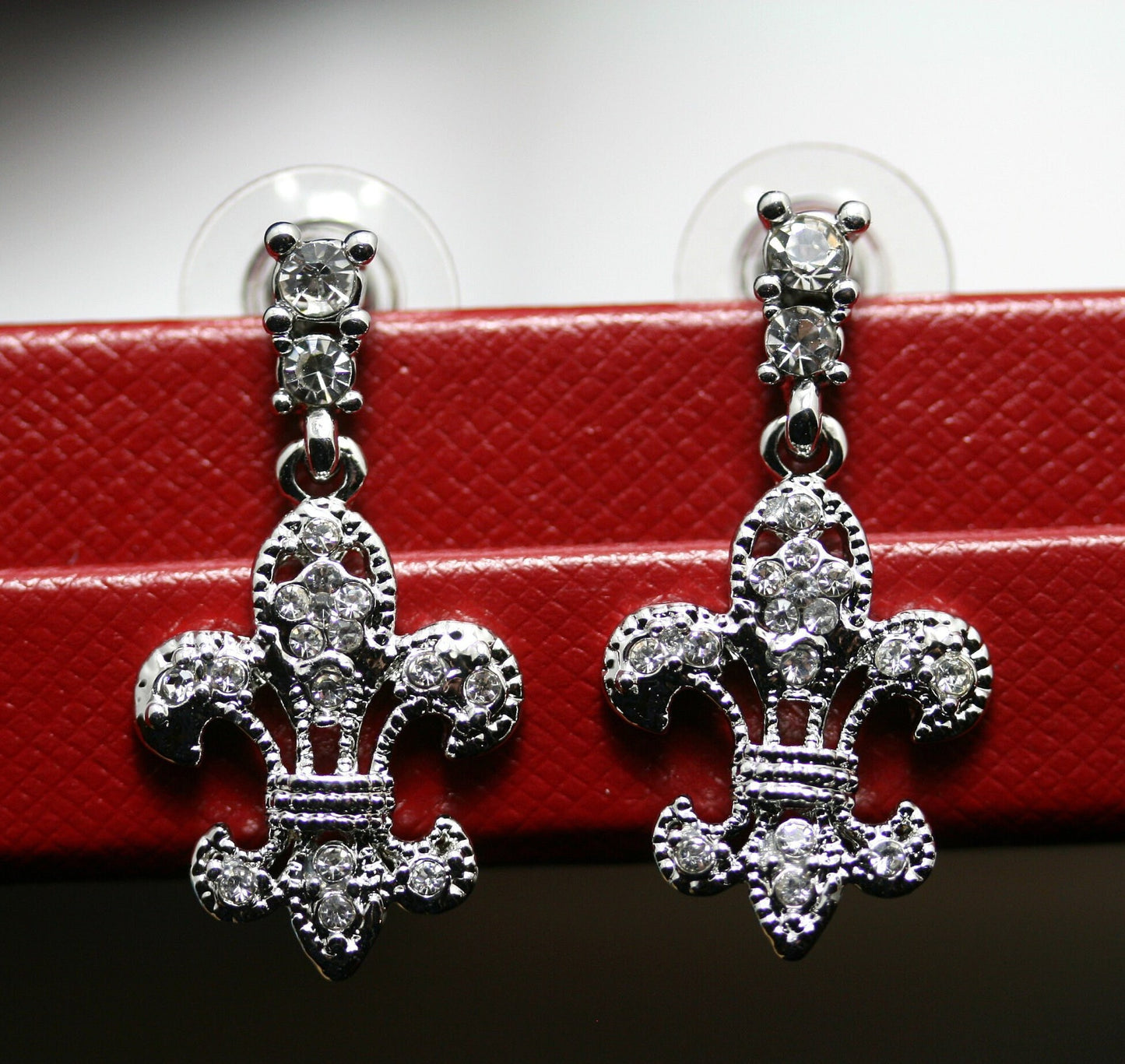 Clear Crystal Fleur De Lis Dangle Earrings, New Orleans Rhinestone Post Fleur De Lis Earrings
